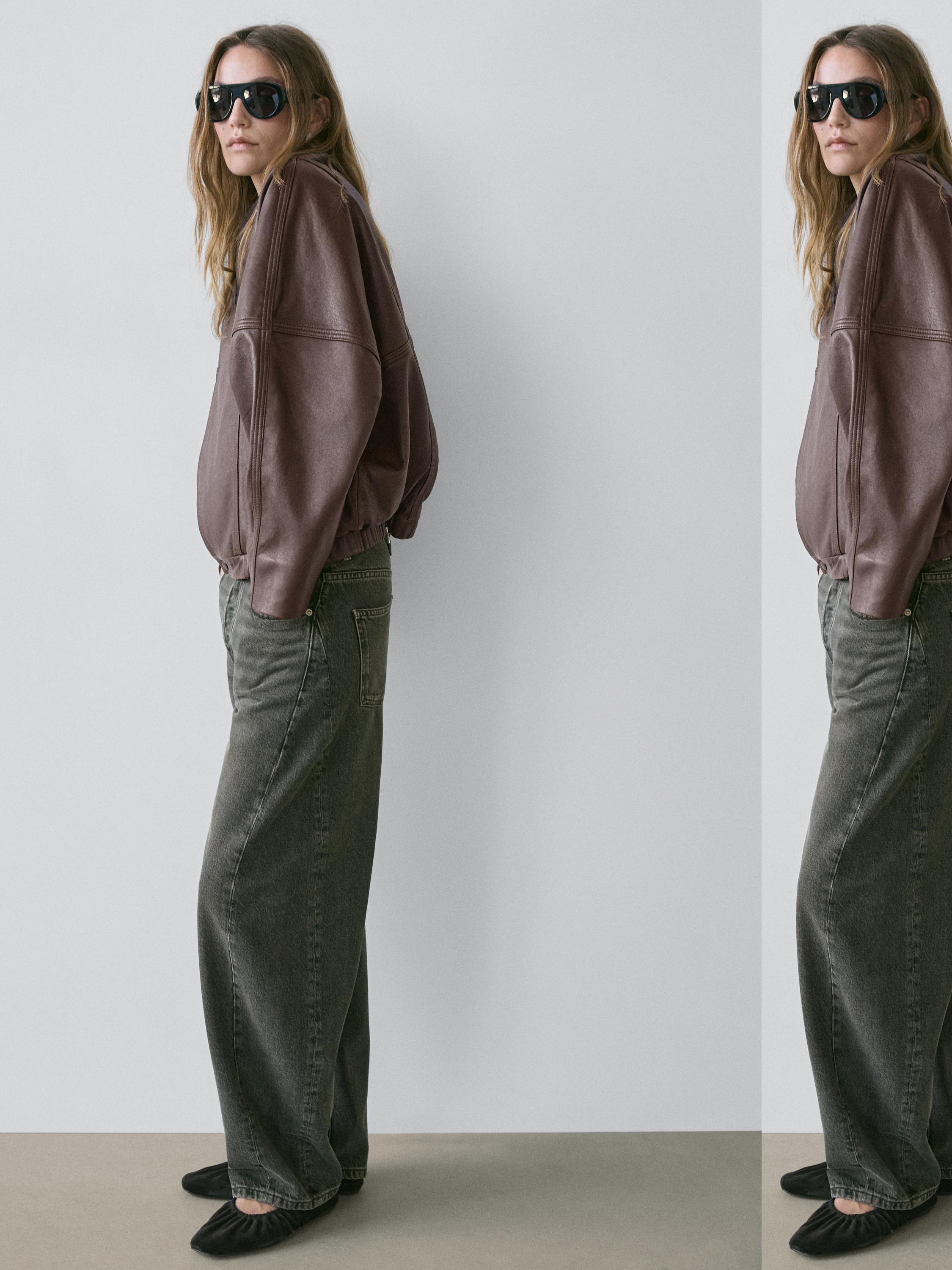 Asymmetric nappa leather bomber jacket — BROWN