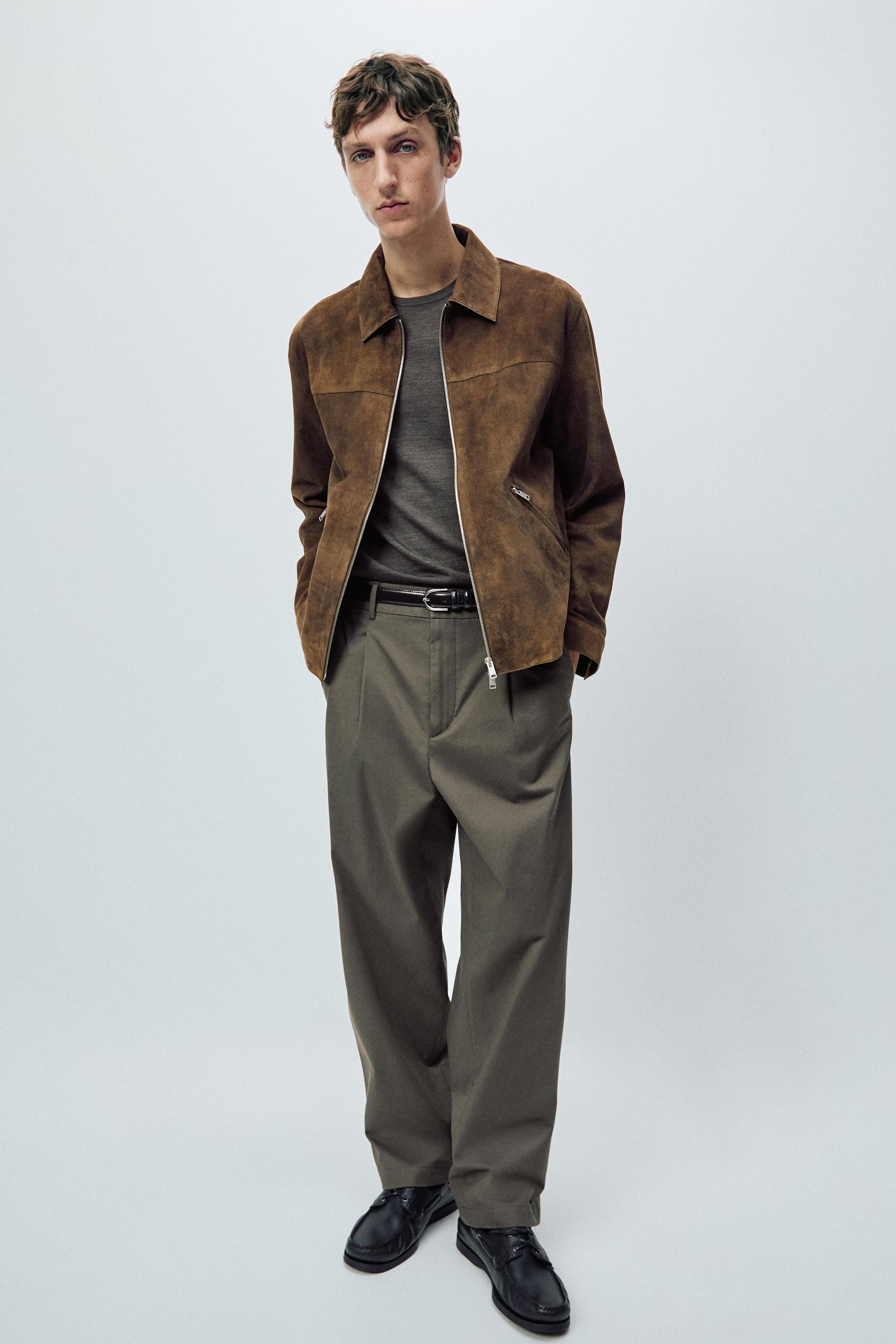 Suede leather zip-up jacket — BROWN MARL
