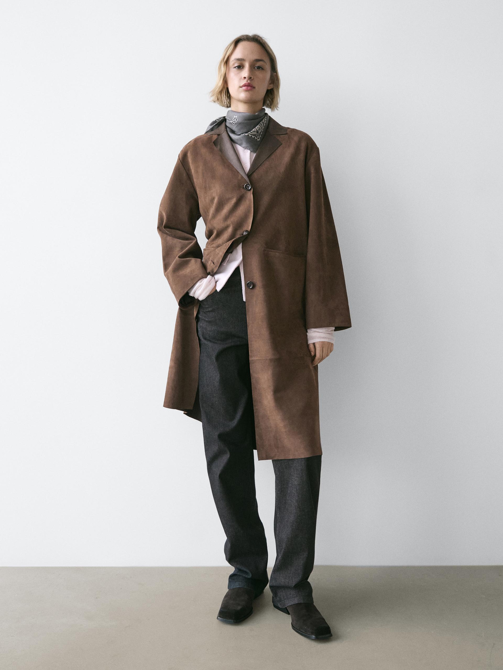 Cappotto Lungo In Pelle Scamosciata - Marrone - M - Massimo Dutti - Femminile