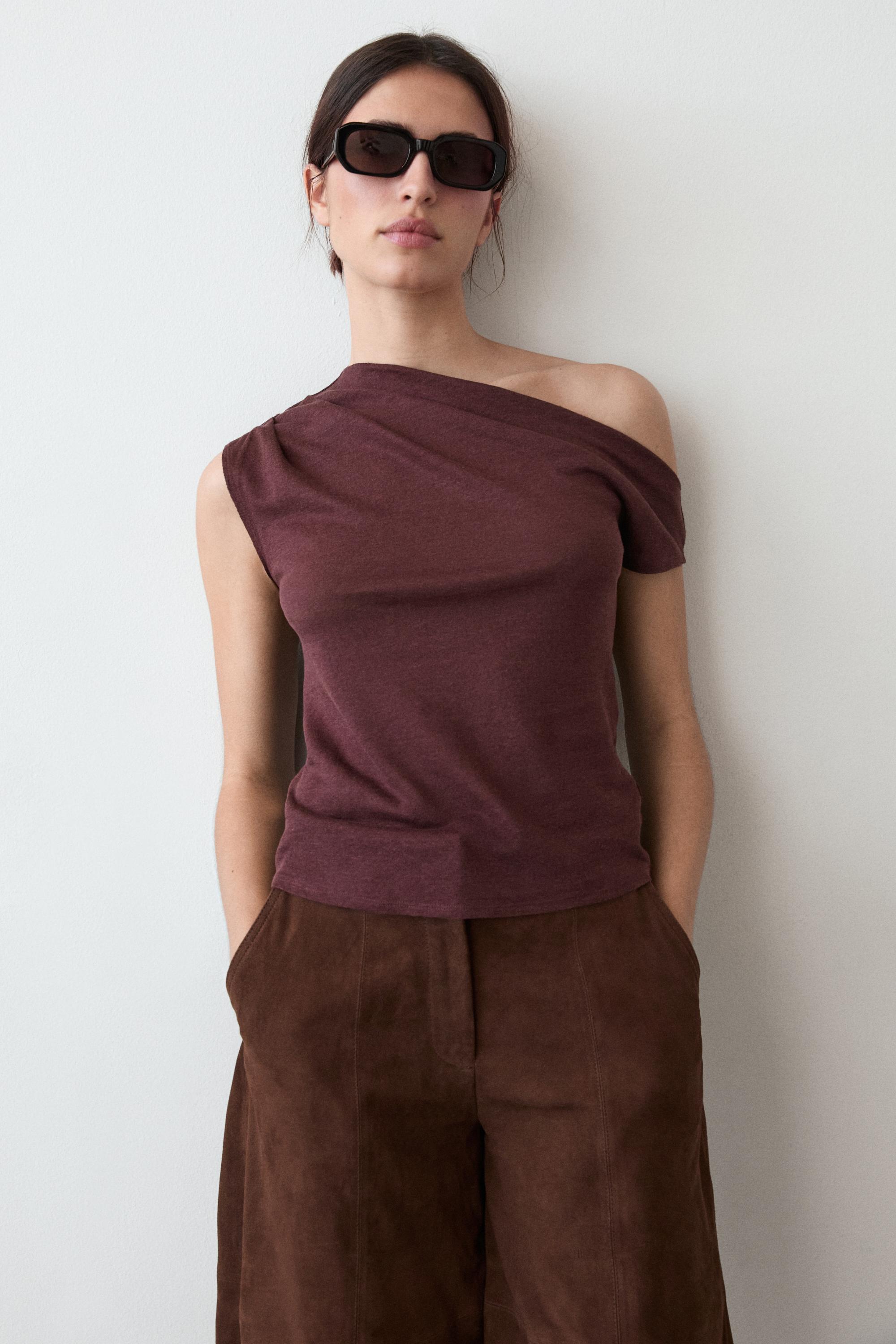 Asymmetric linen blend top with draped detail — BURGUNDY