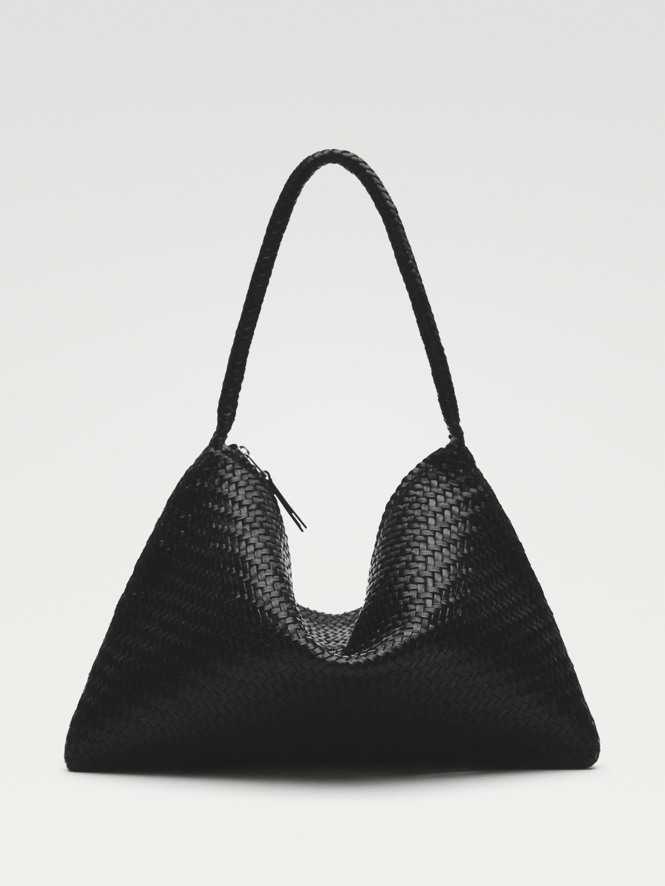 Mid-sized braided leather shoulder bag — BLACK