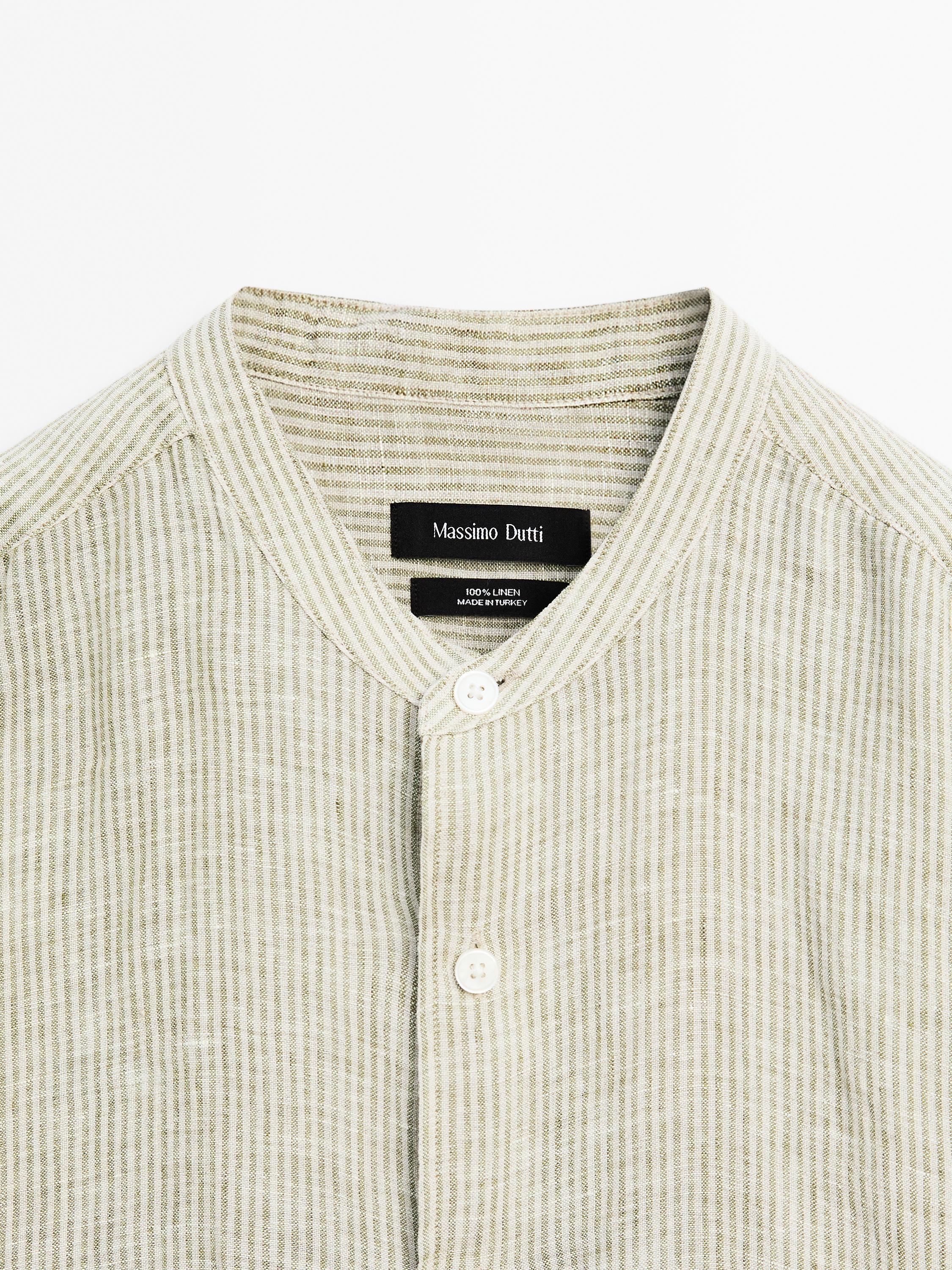 100% linen striped shirt with stand collar