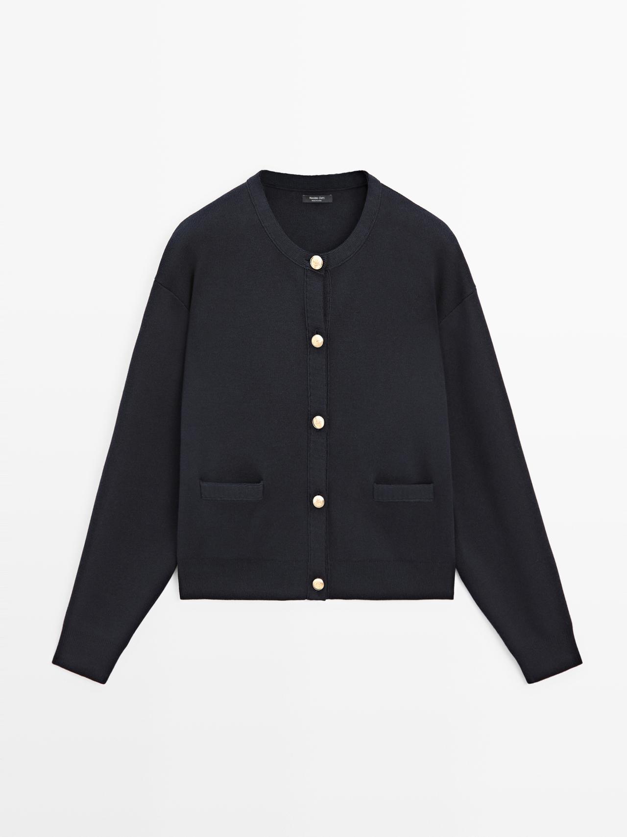 Massimo Dutti - Dame - Cardigan I Bomuldsstrik Med Gyldne Knapper - Marineblå - M