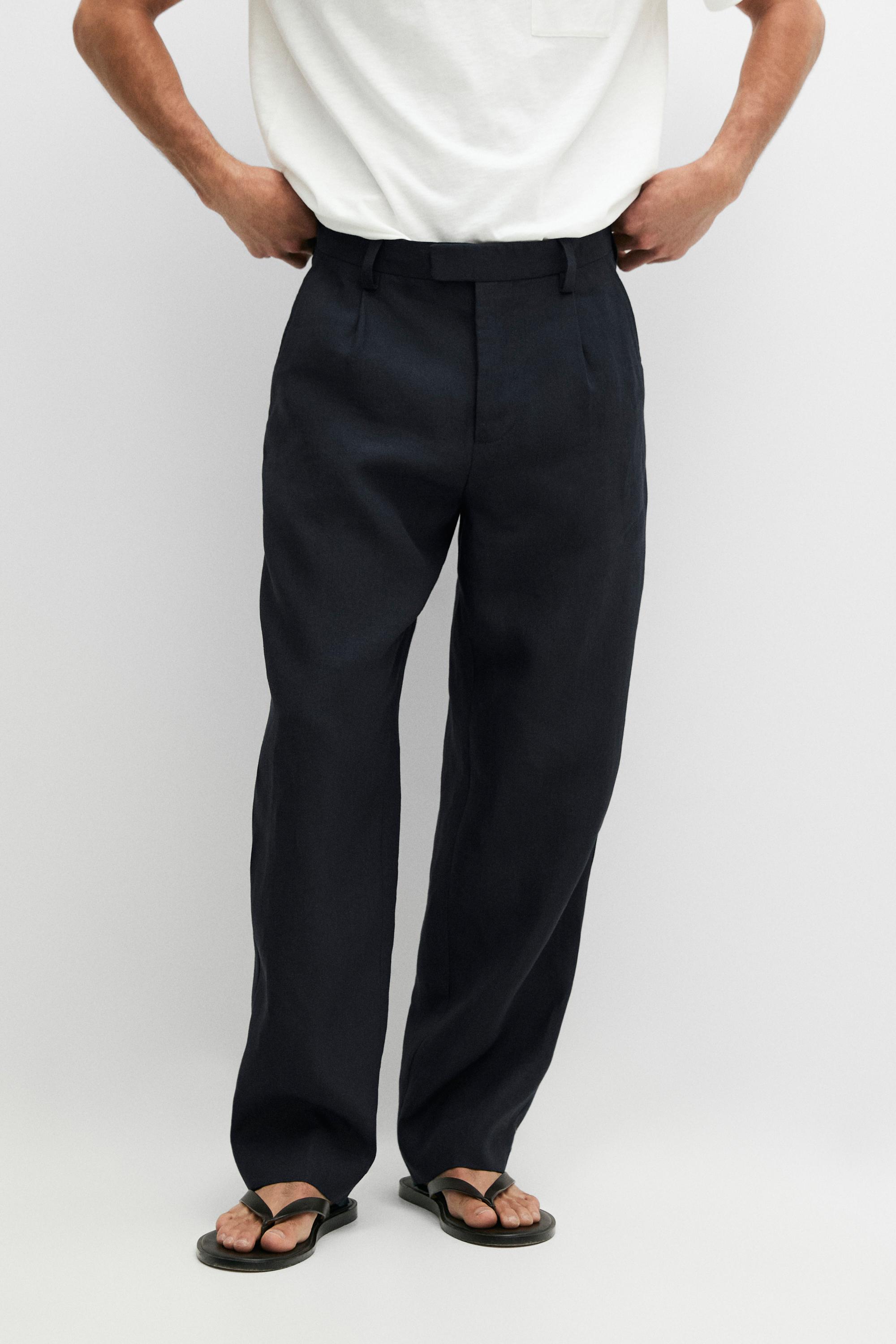 Darted 100% linen trousers — NAVY BLUE