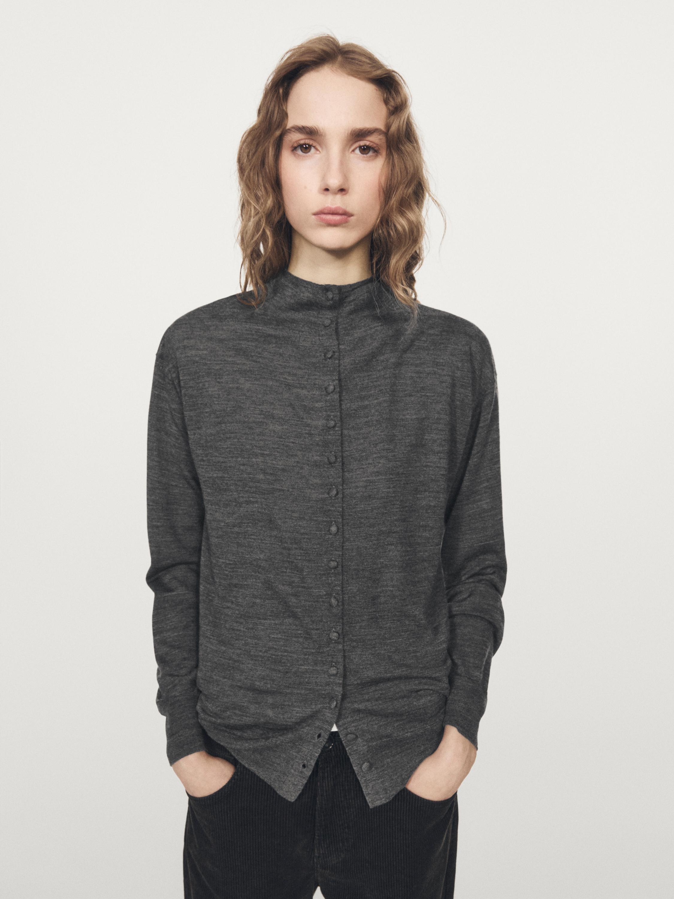 Mock turtleneck cardigan with covered buttons — MEDIUM GREY