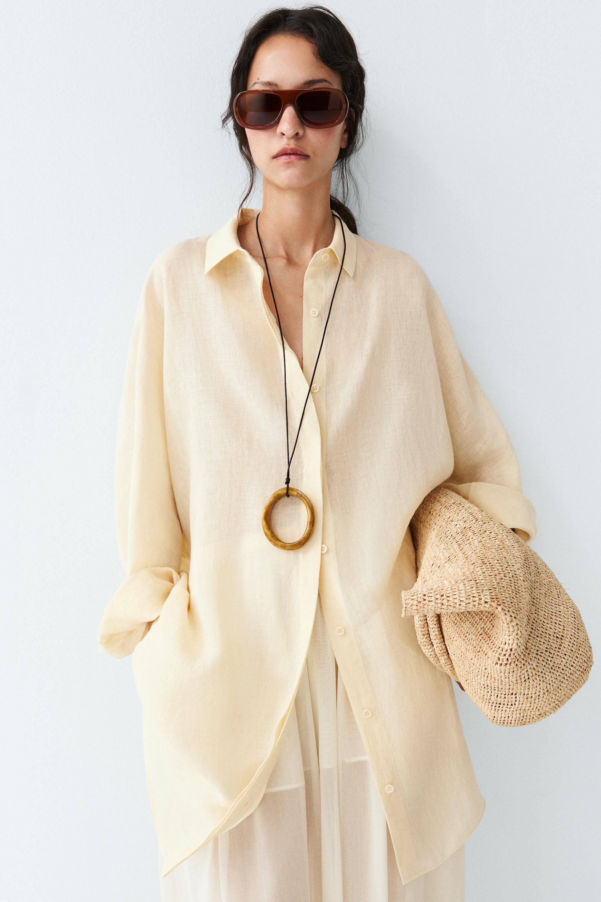 100% linen short shirt dress — PALE YELLOW