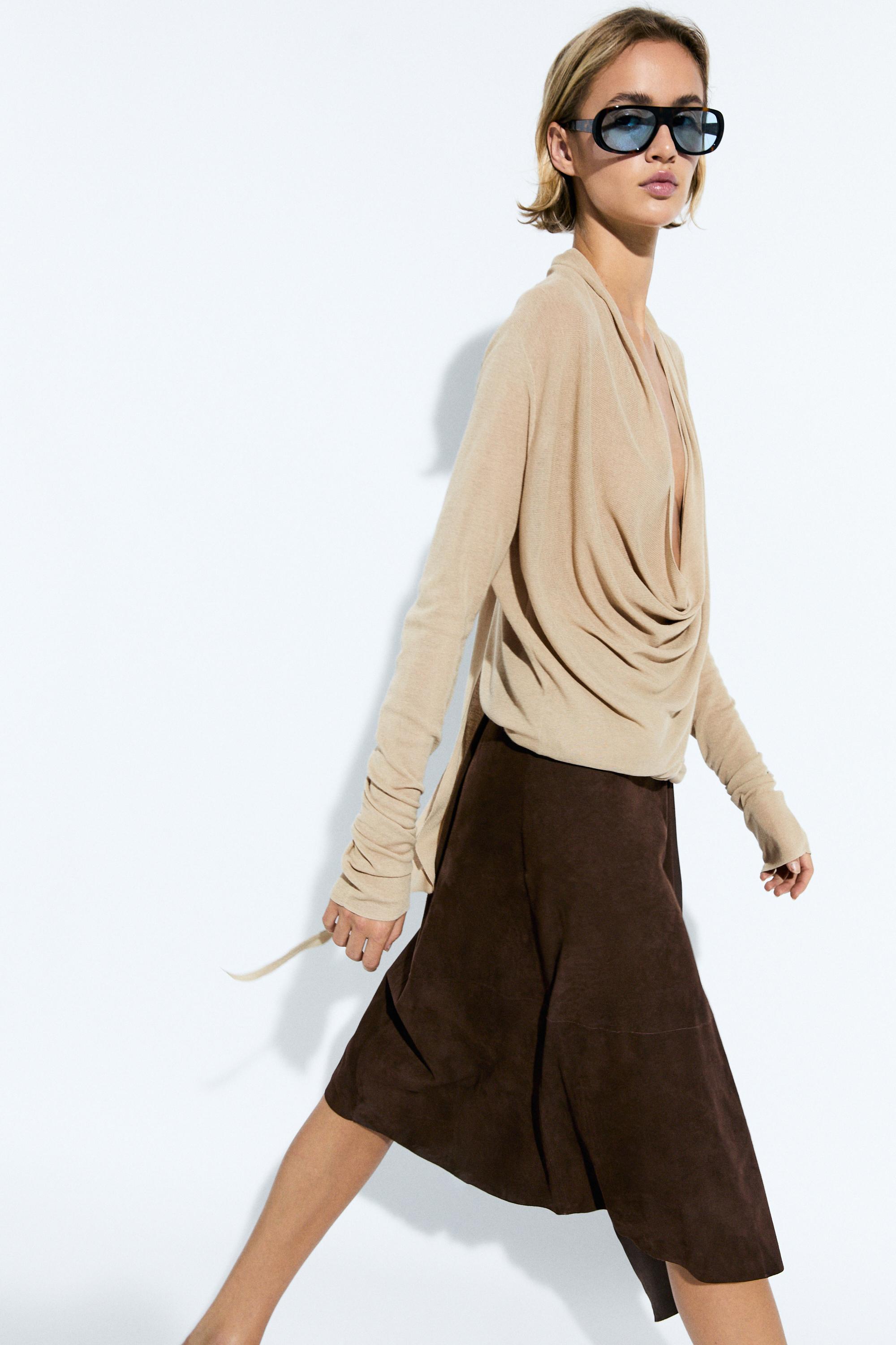 Draped wrap-effect knit cardigan — SAND