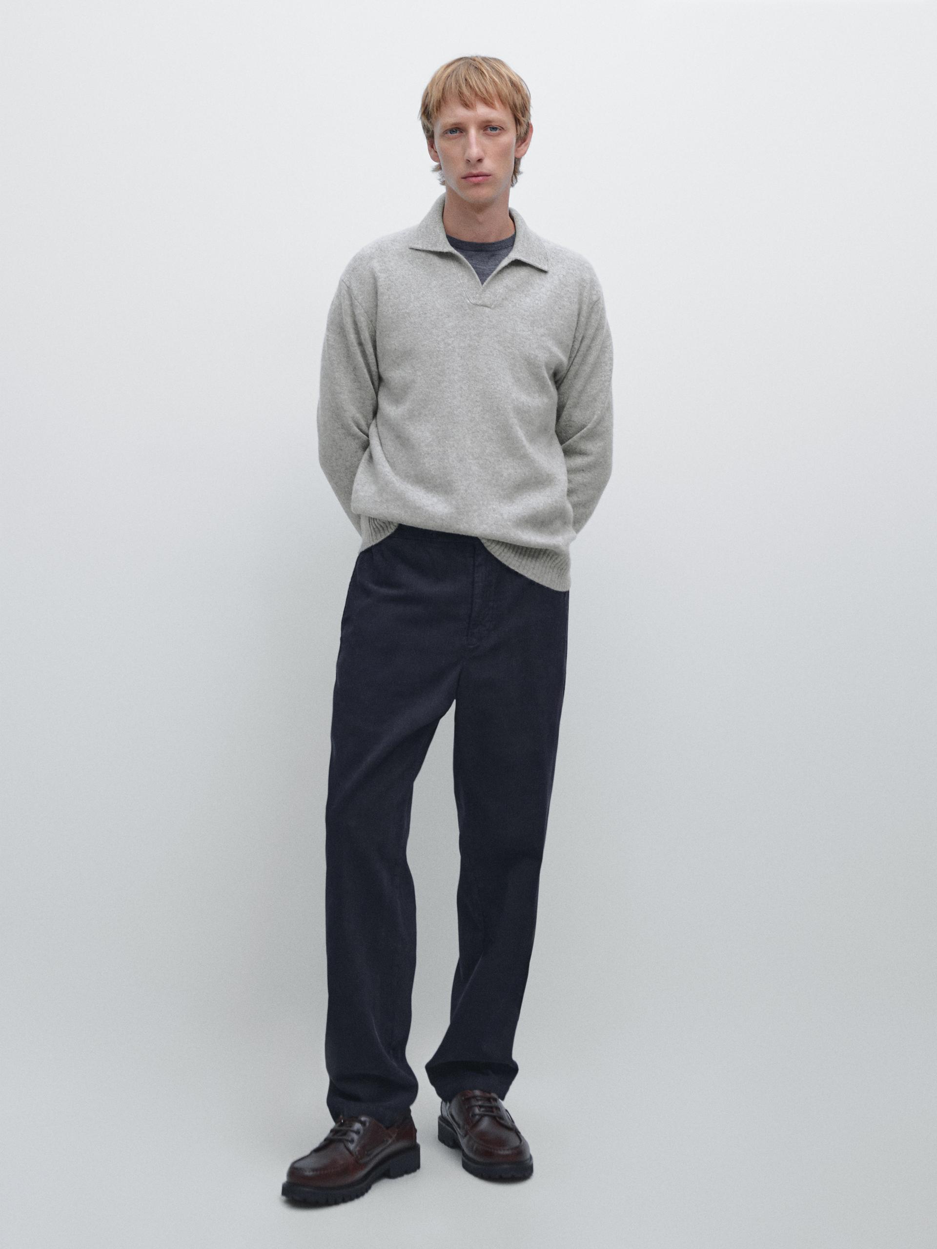 Maglia A Polo Con Scollo A V In Misto Lana - Grigio Chiaro - M - Massimo Dutti - Maschile