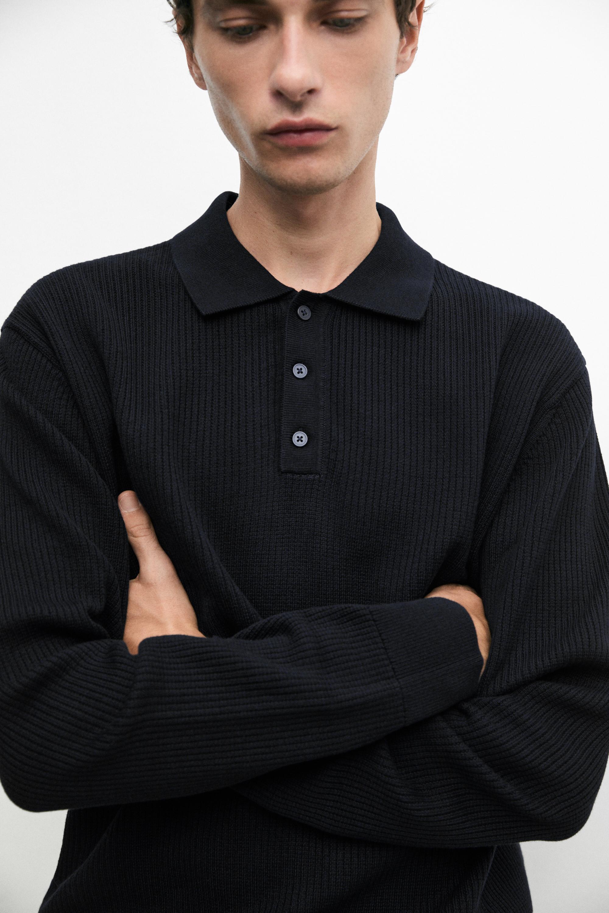 Button-detail polo knit sweater — NAVY BLUE