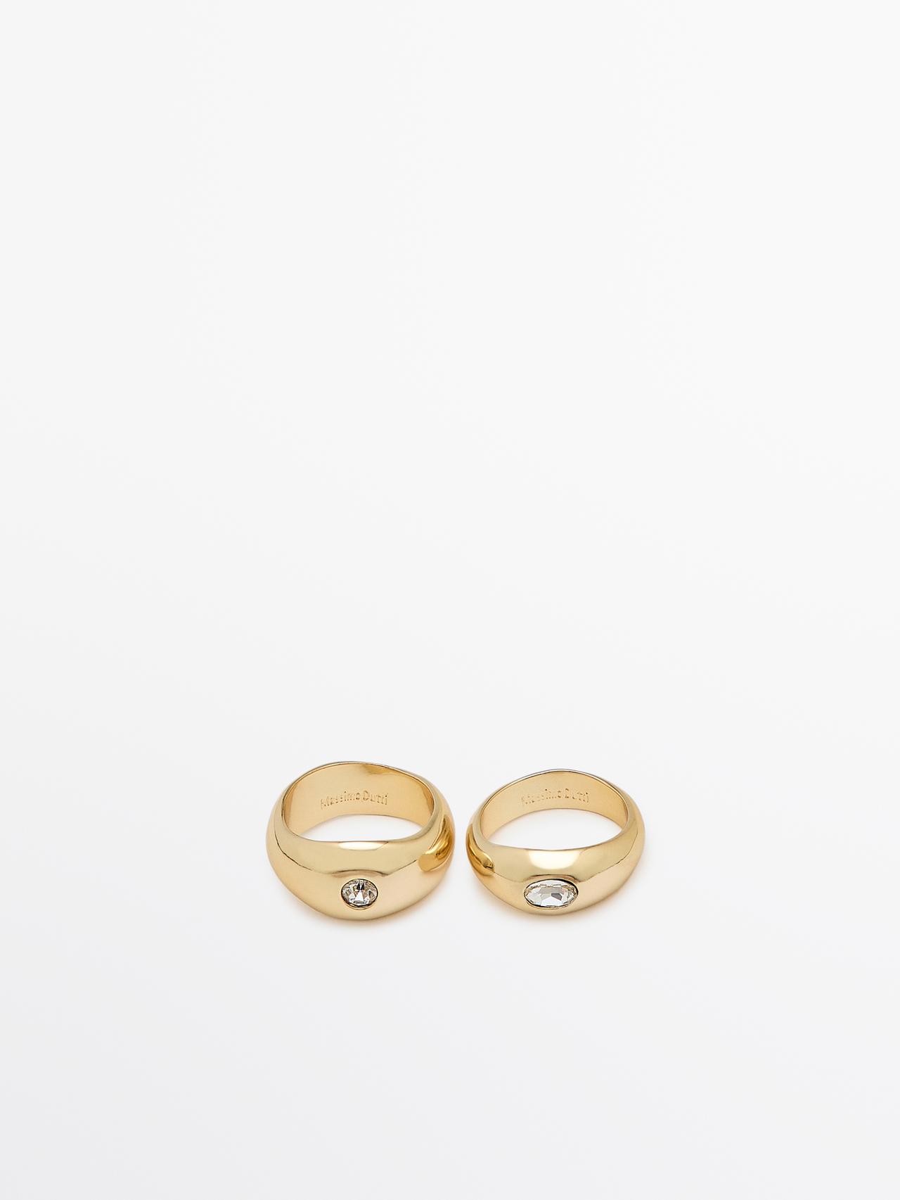 Massimo Dutti - Dame - Sæt Med 2 Ringe Med Rhinsten - Guld - 01