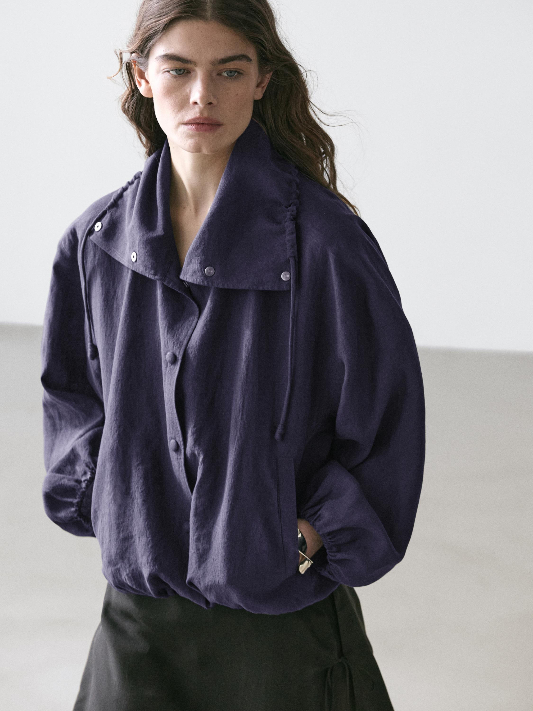 100% linen bomber jacket with collar detail — INDIGO