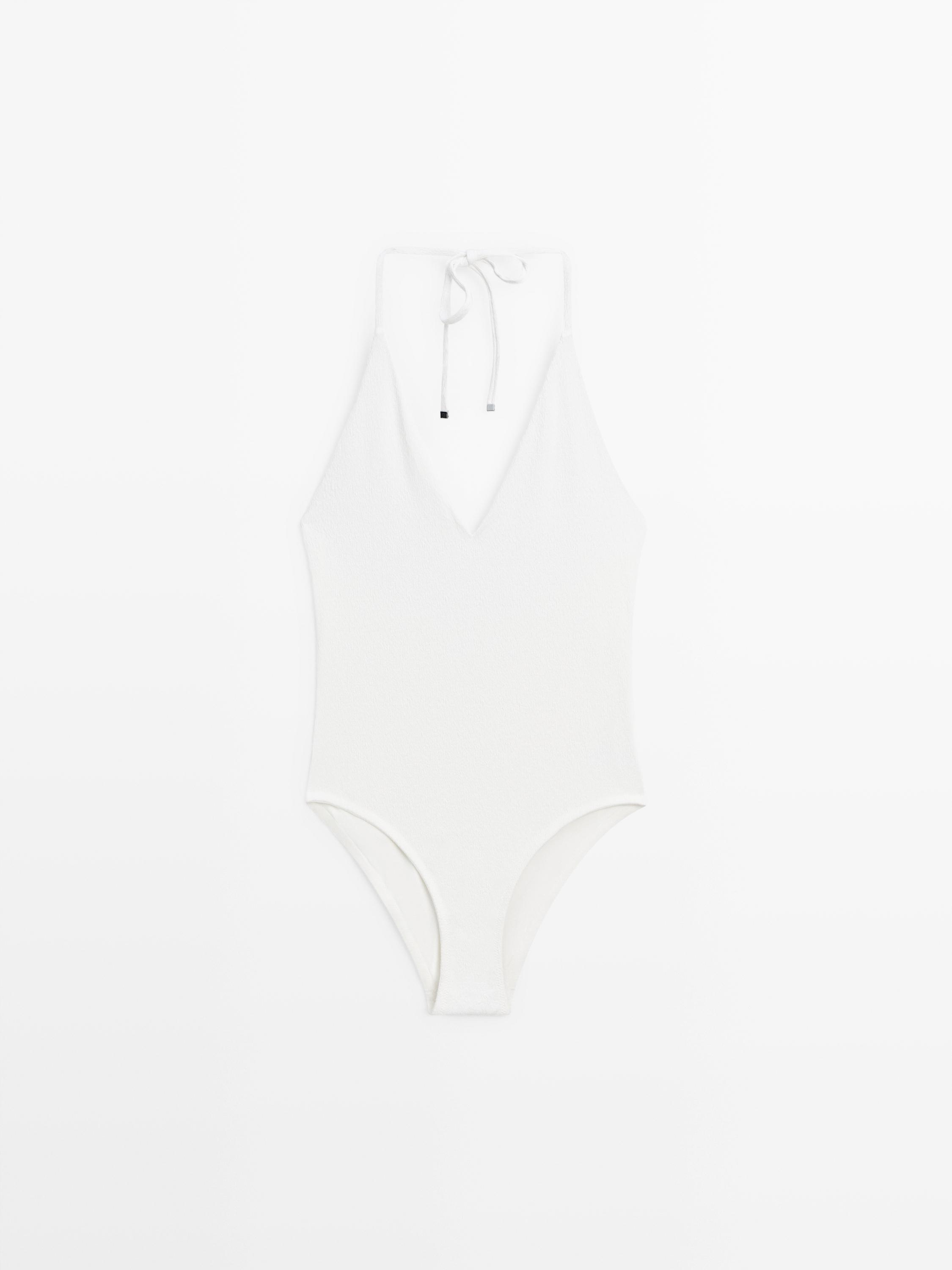 Textured V-neck swimsuit — Off white