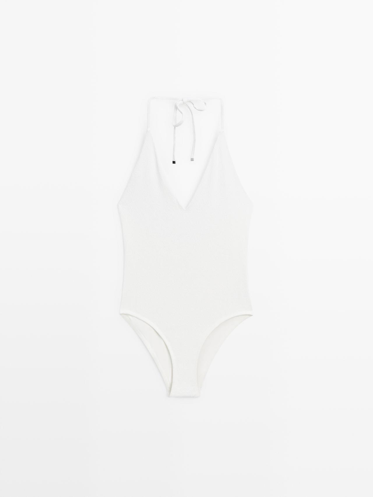 Textured V-neck swimsuit — Off white