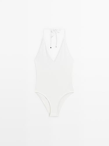 Textured V-neck swimsuit — Off white 2