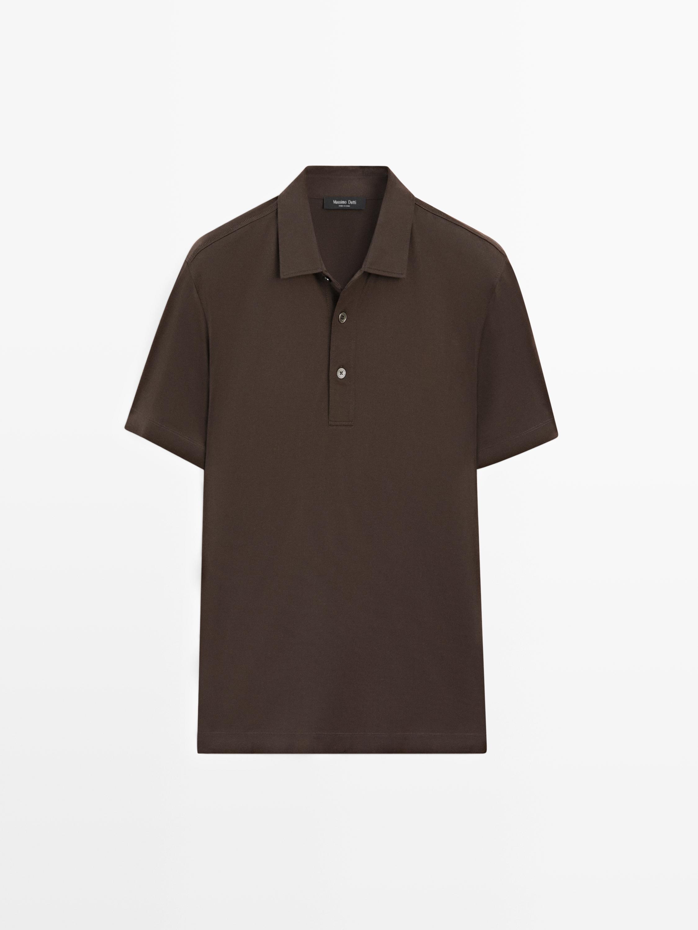 Front view of a short-sleeved chocolate polo shirt with a classic collar and three buttons.