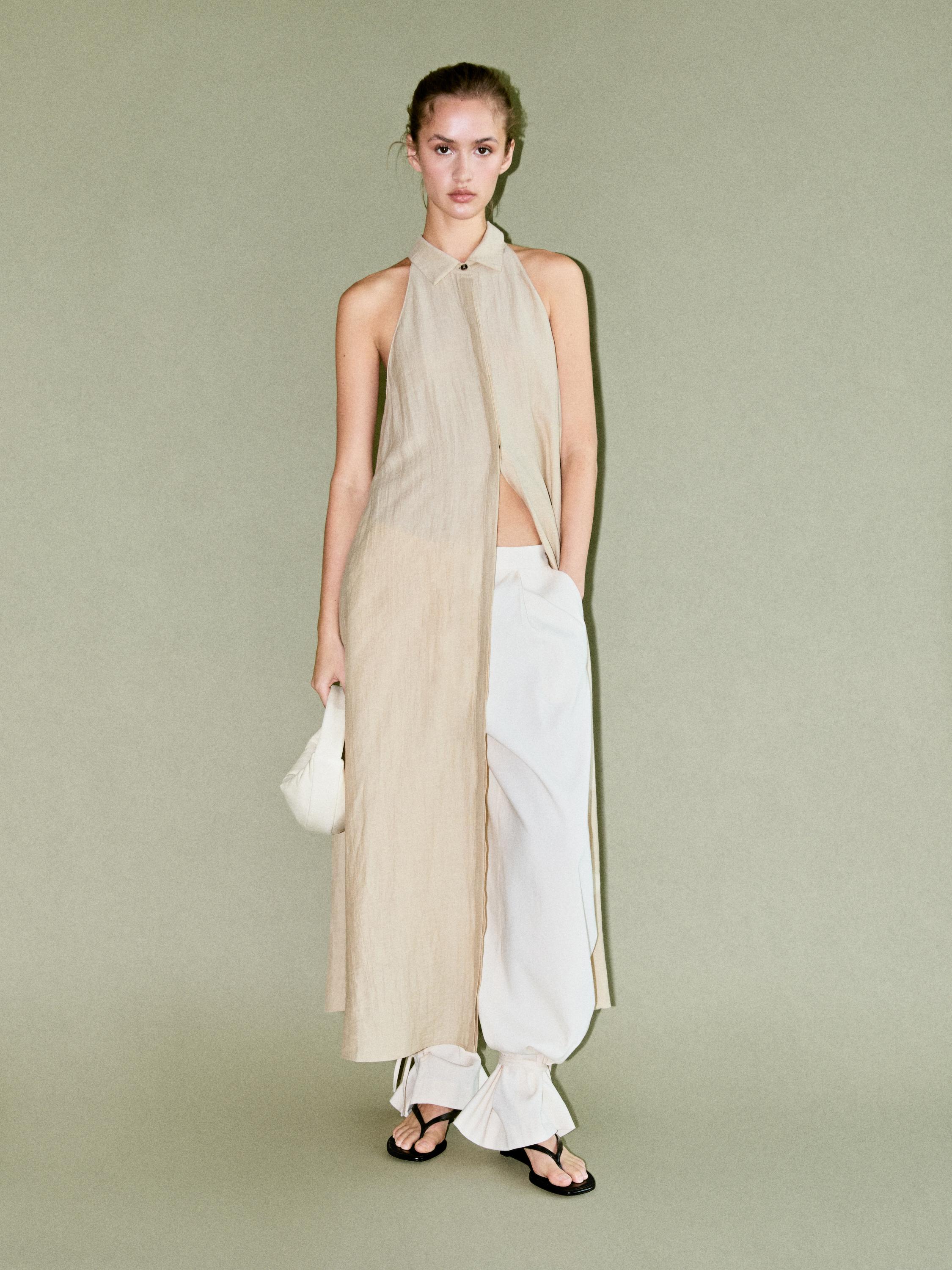 Linen blend polo collar midi dress — CREAM