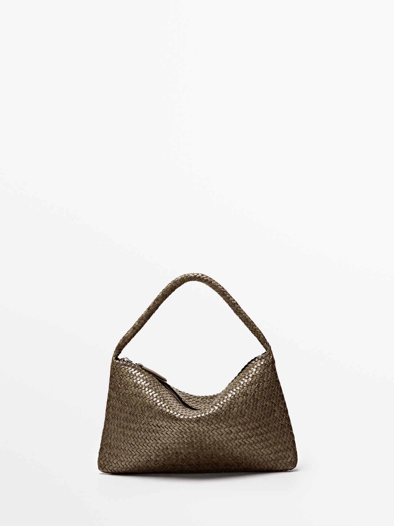 Small braided leather shoulder bag — KHAKI