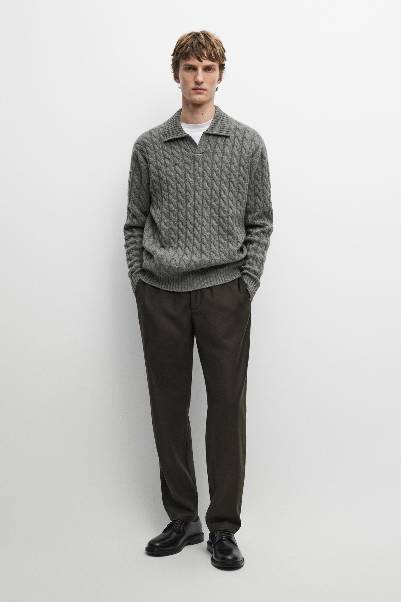 Cable-knit cashmere polo sweater — ANTHRACITE GREY