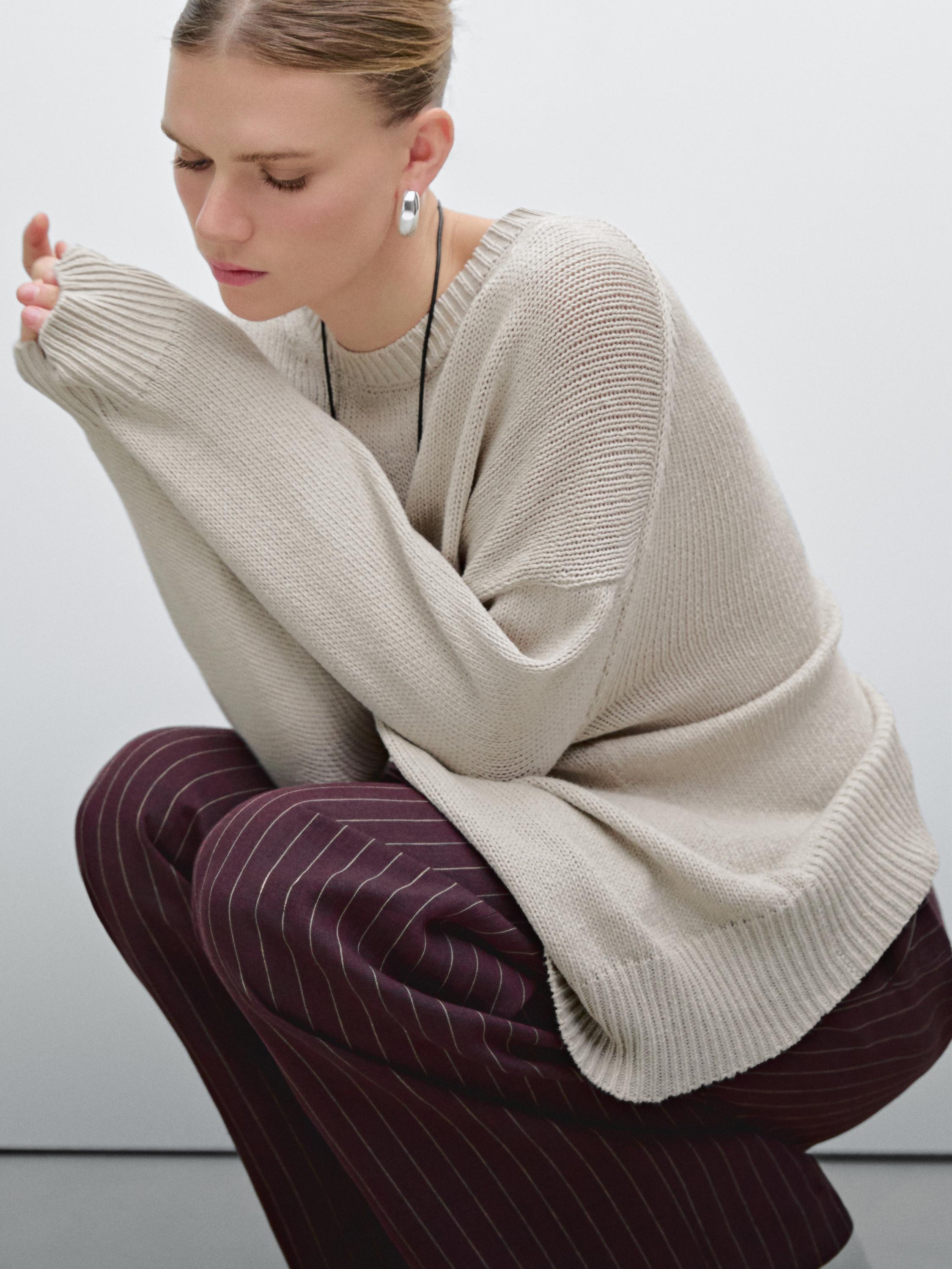 Linen blend knit crew neck sweater