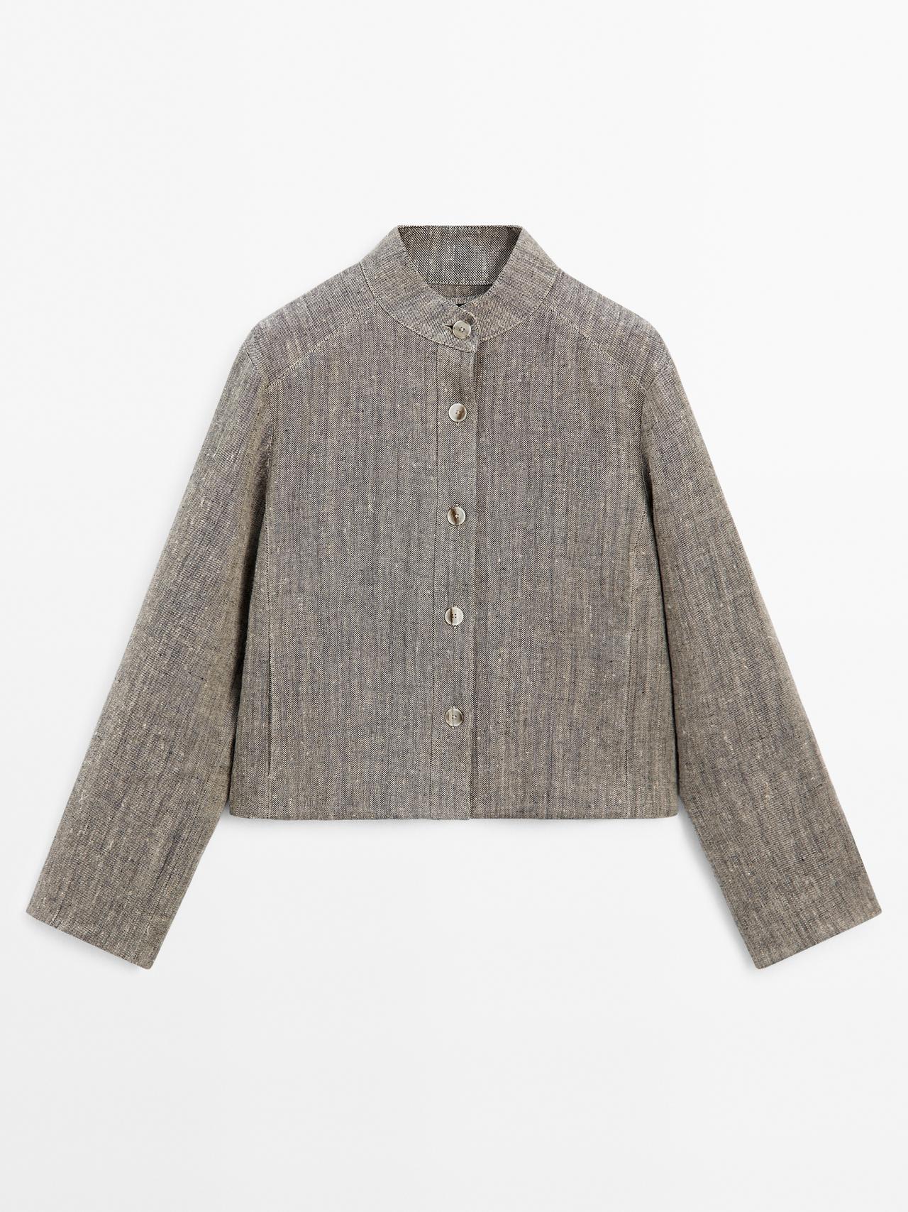 Massimo Dutti - Dame - Kort Hørjakke Med Ståkrave - Grå - M