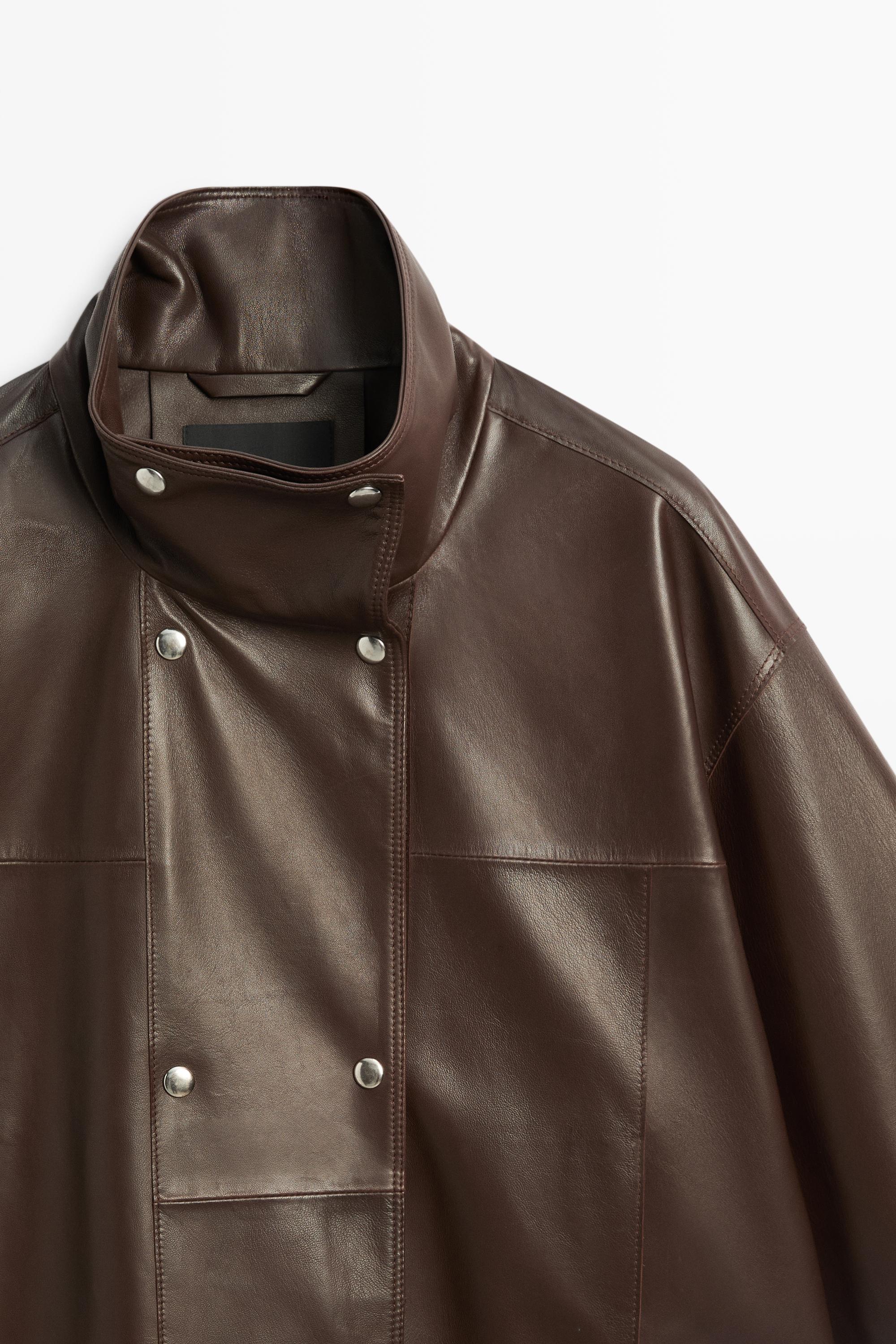 Nappa leather button-placket jacket — BROWN