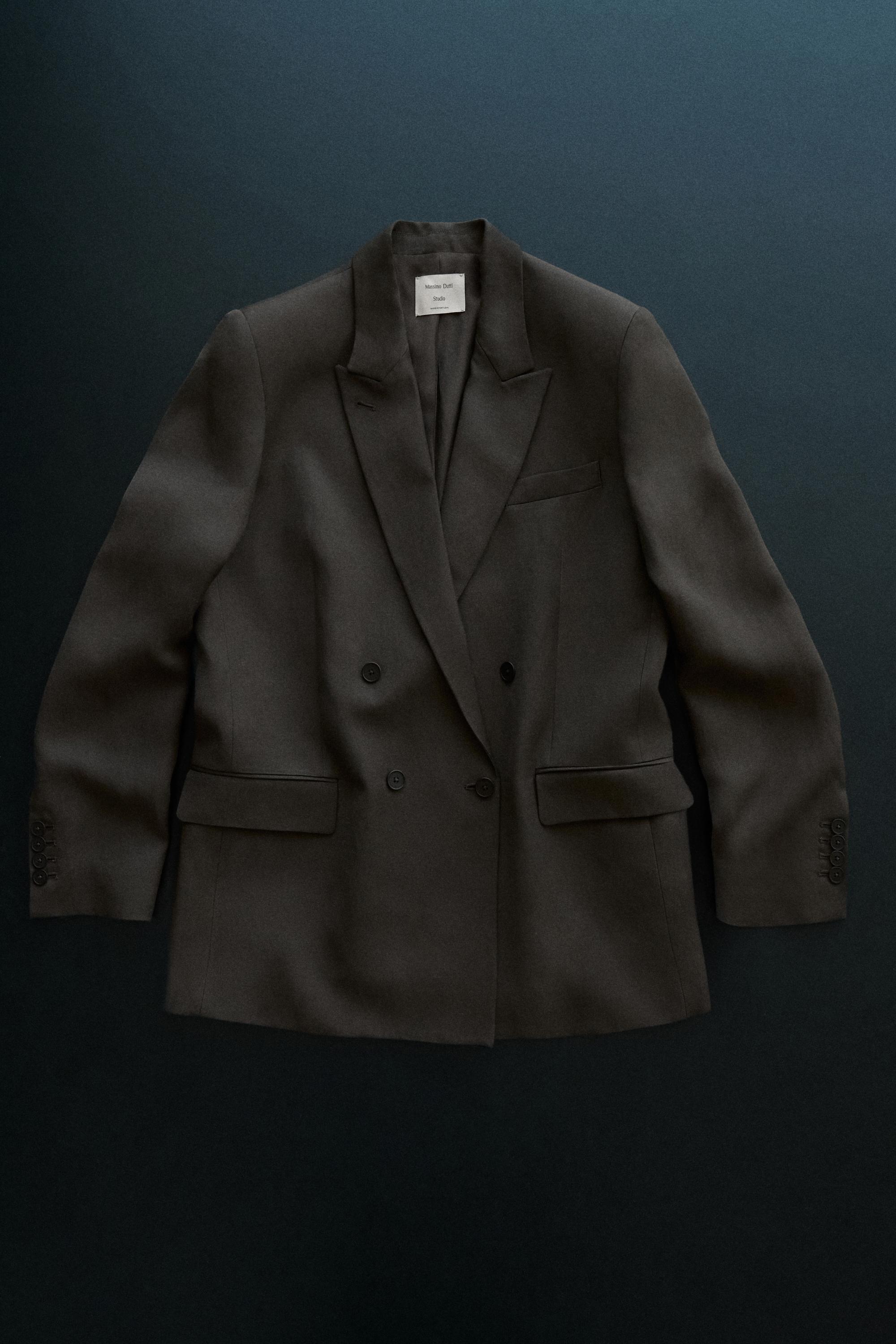 Double-breasted linen blend blazer - STUDIO — BROWN