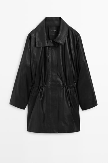 Nappa leather parka with gathered detail — BLACK 2