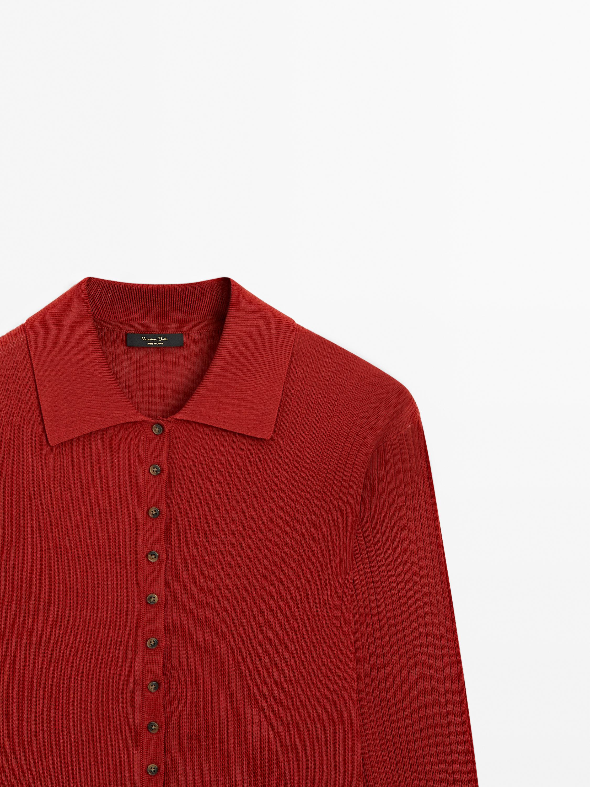 Ribbed knit sweater with polo collar and buttons