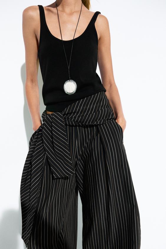 Fular detaylı çizgili barrel fit pantolon