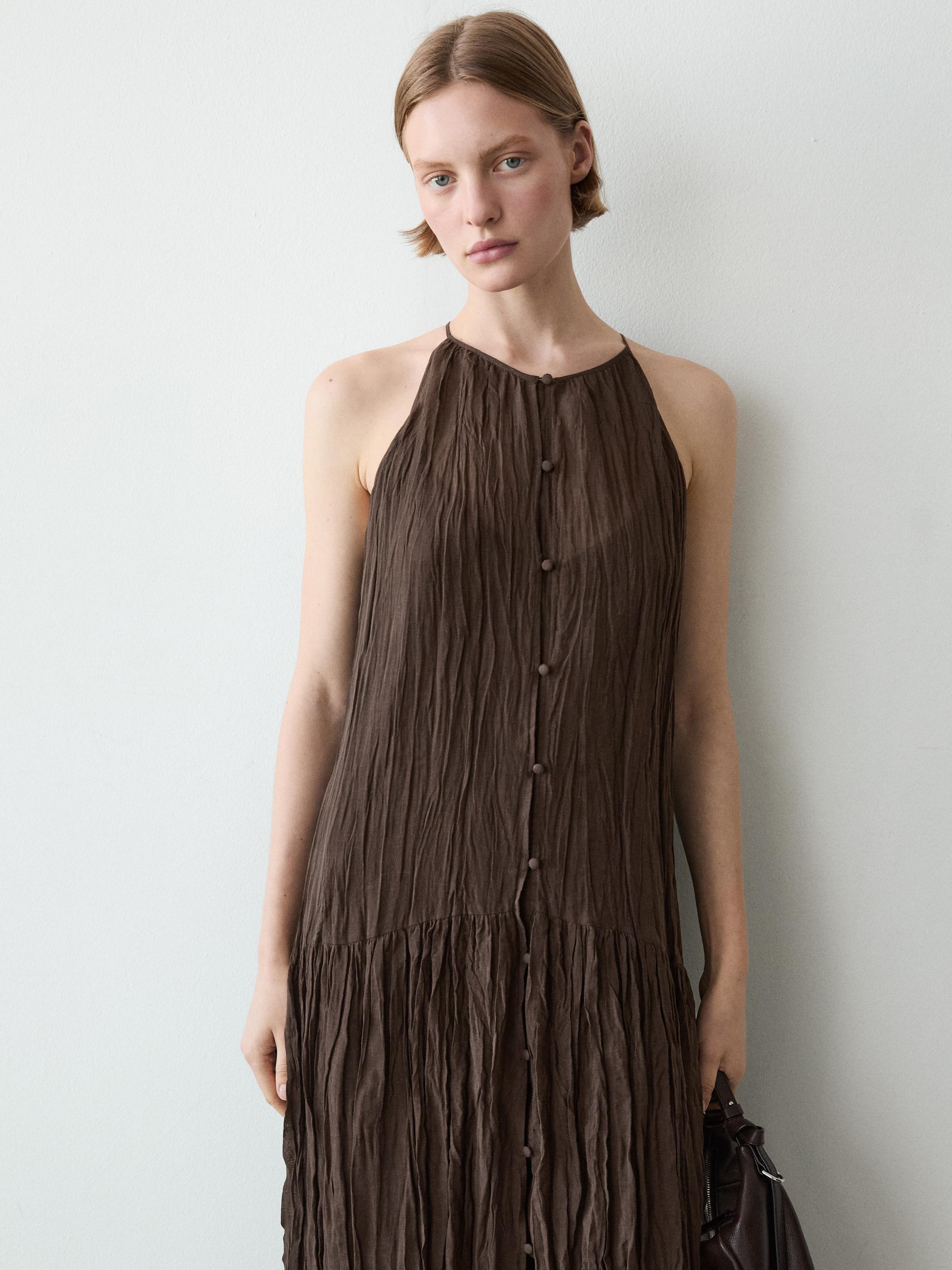 Flowing midi dress with button details — BROWN