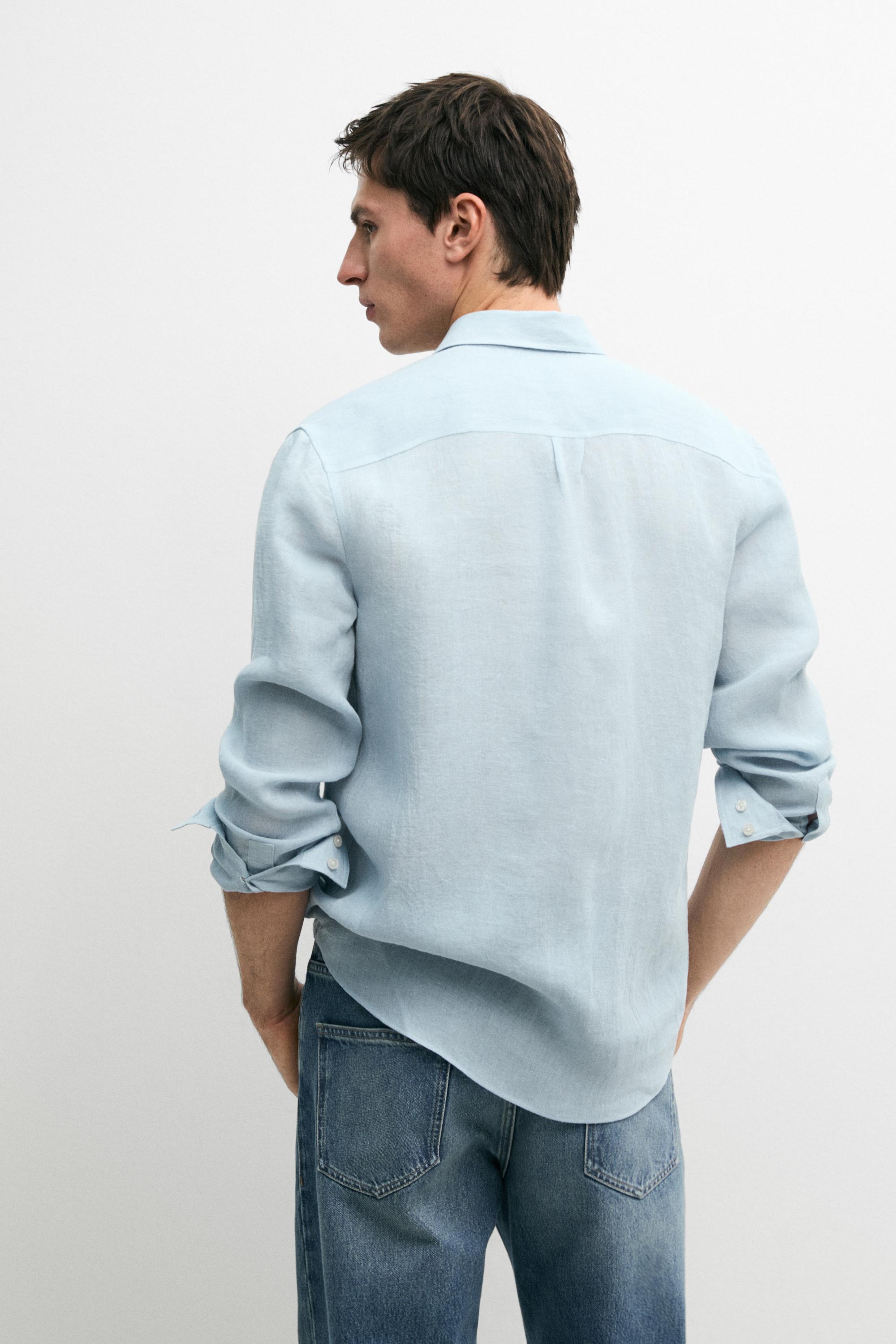 Textured 100% linen regular fit shirt — BLUE