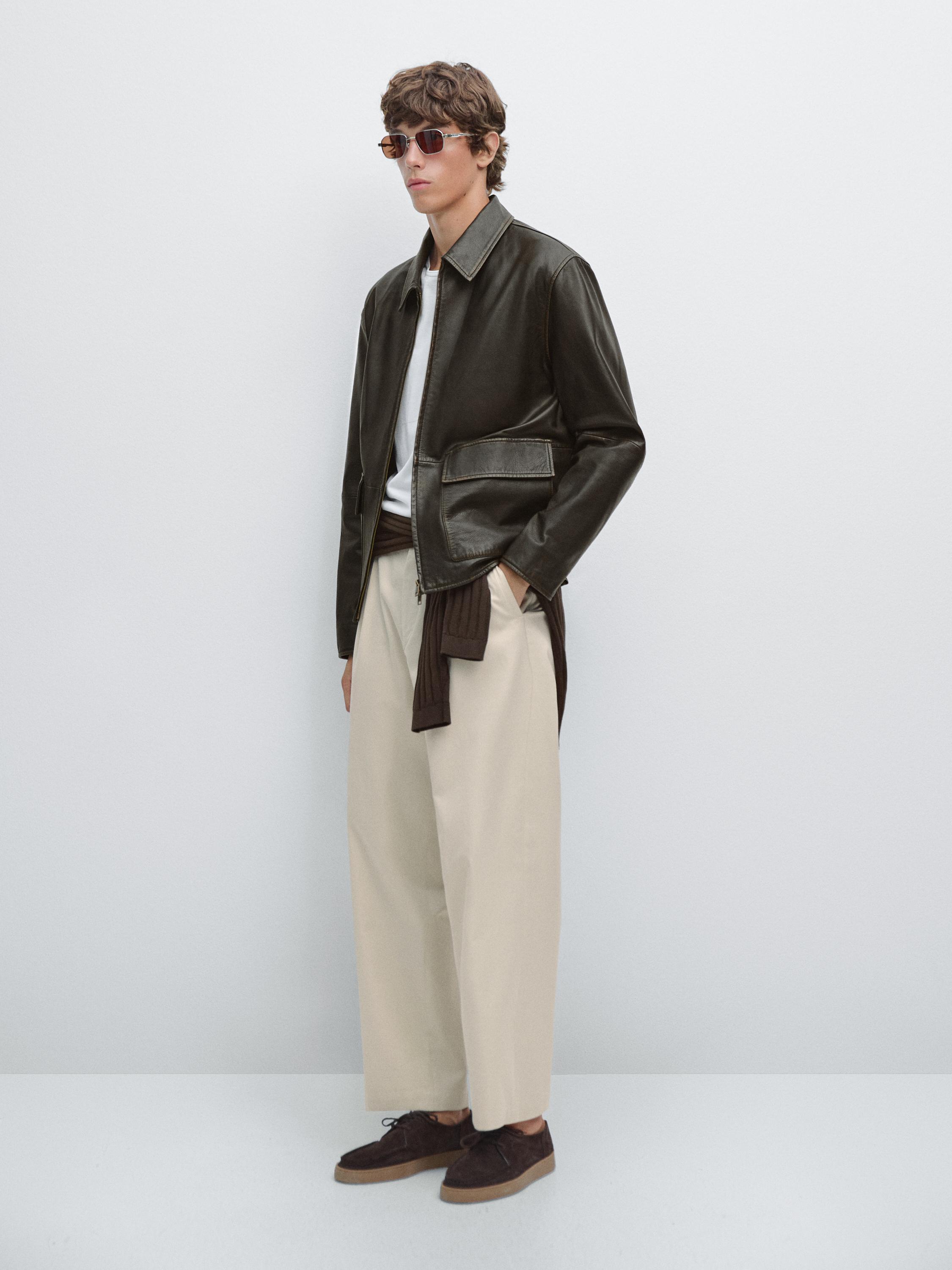 Distressed effect short nappa leather jacket