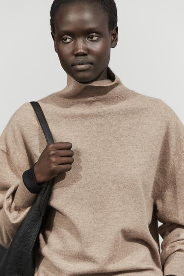 100% cashmere high neck knit sweater — BEIGE 5