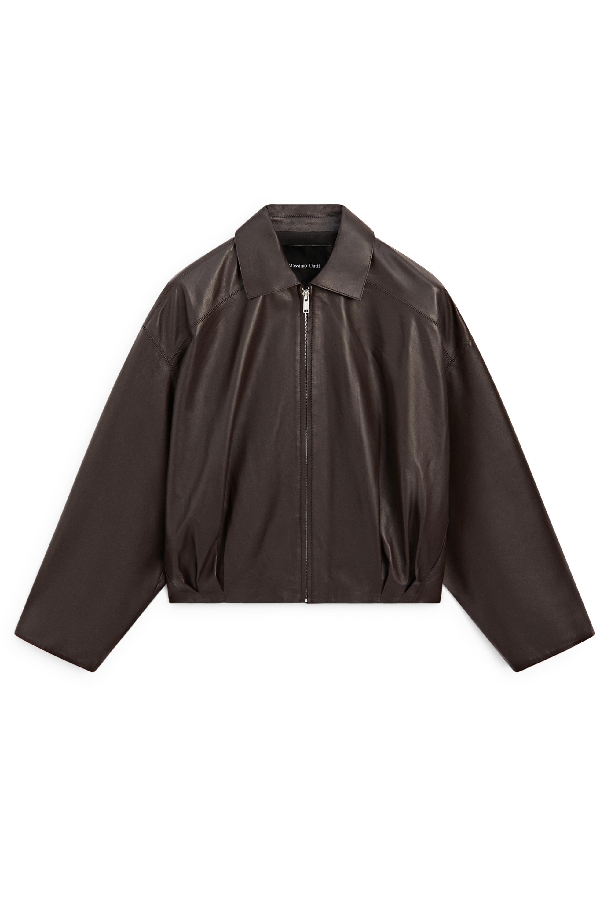 Nappa leather bomber jacket with pleat detail — BROWN