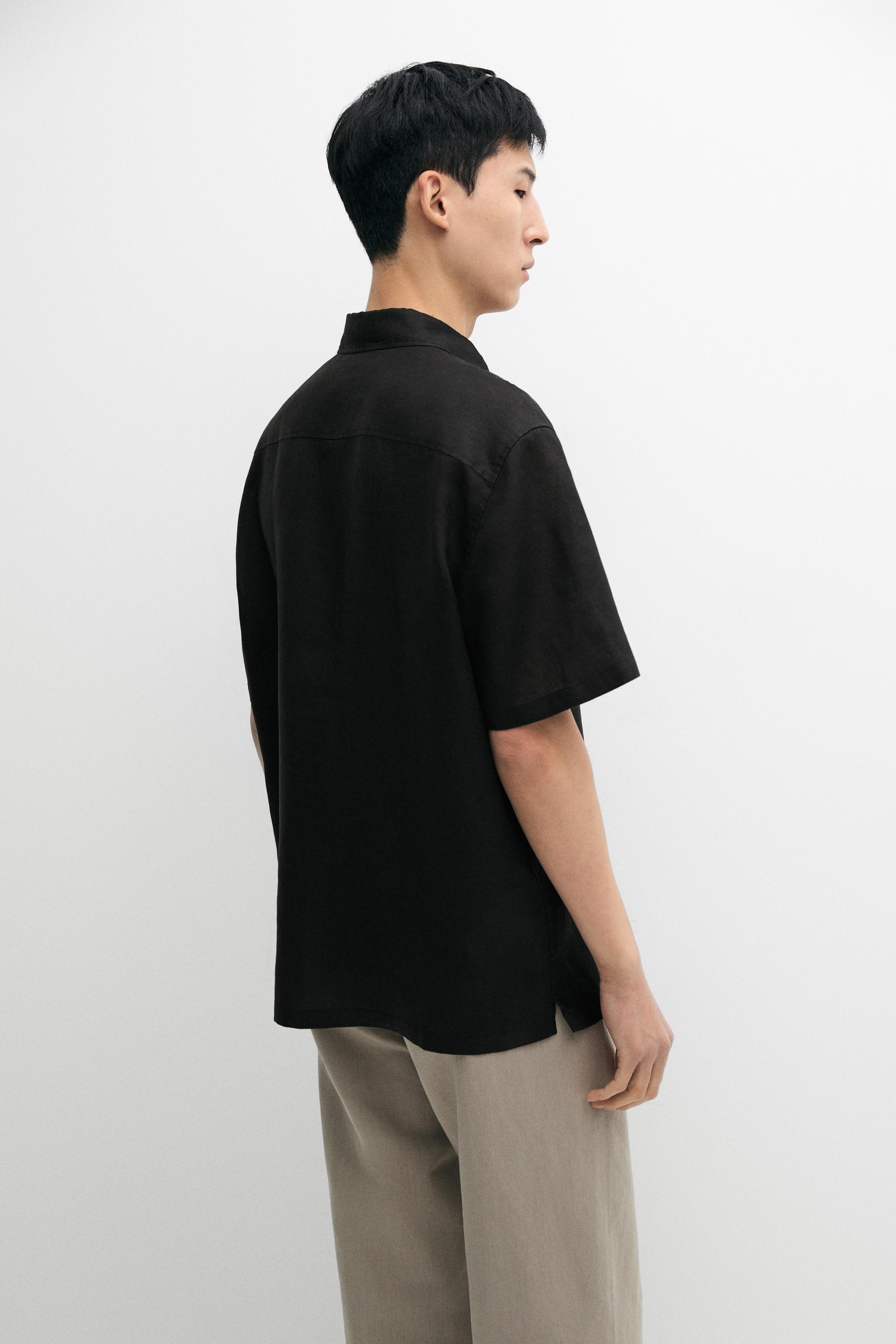 Regular fit 100% linen short sleeve shirt — BLACK