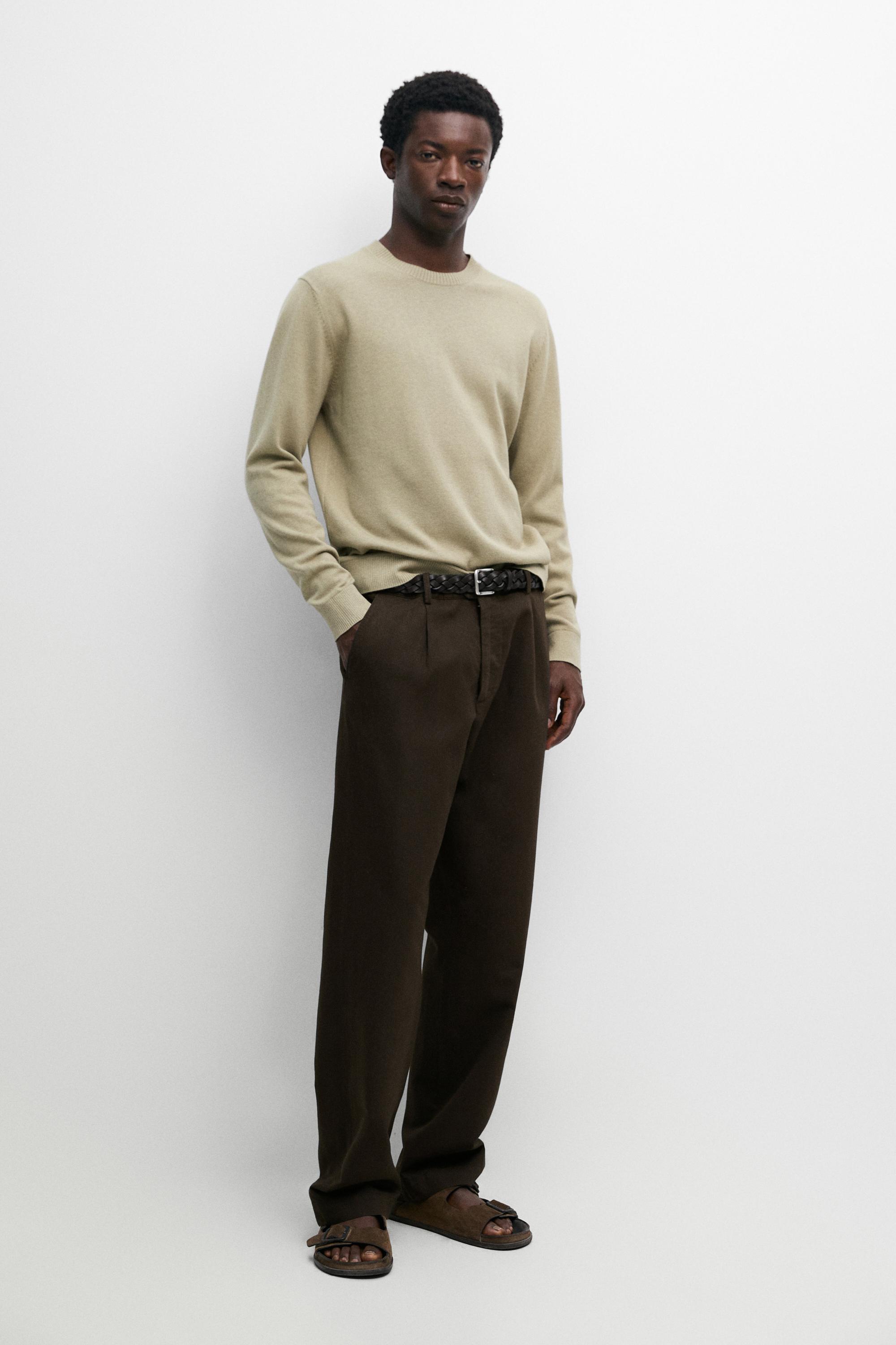 Knit cotton and wool sweater with crew neck — PALE GREEN