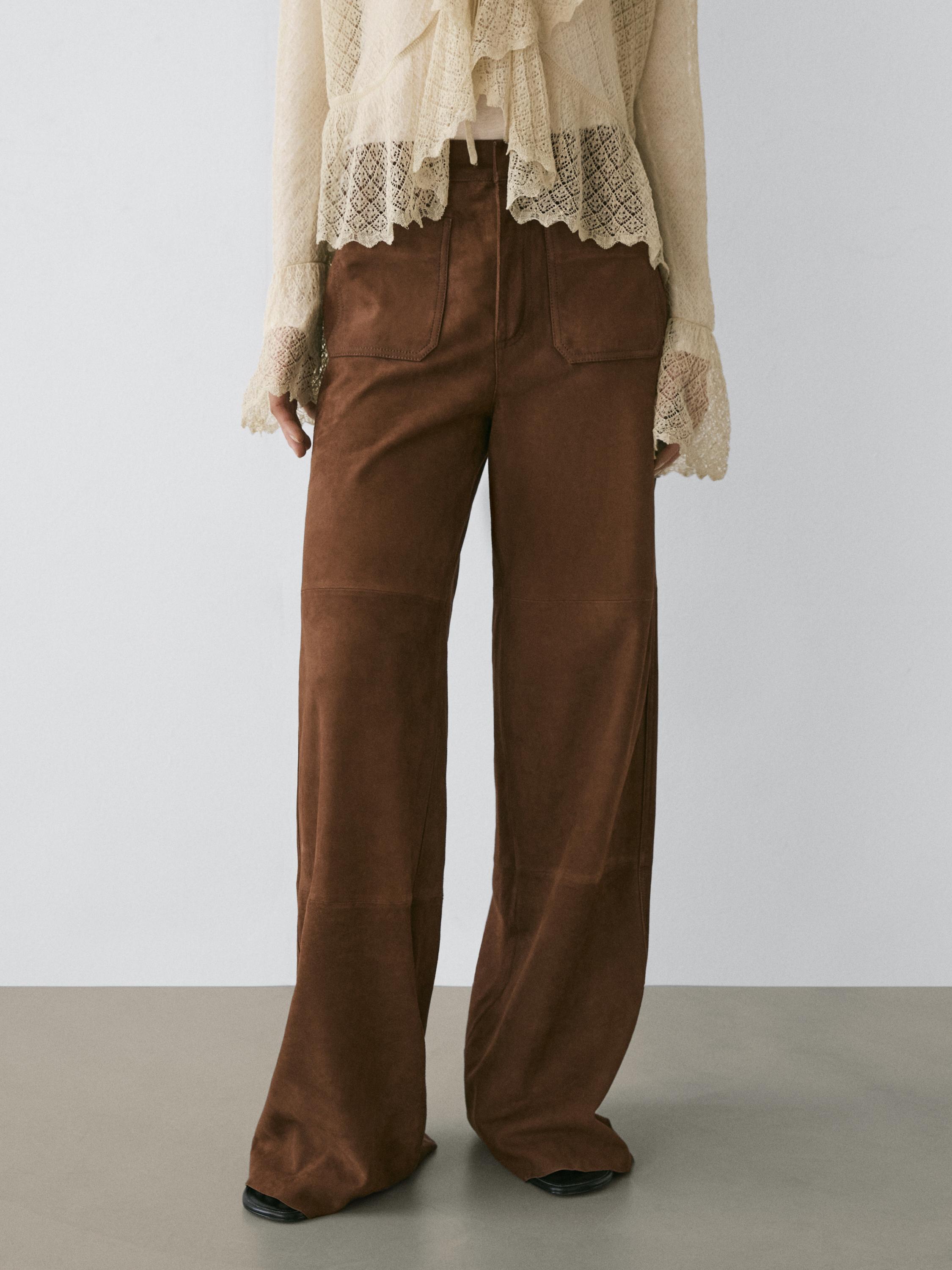 Suede leather wide-leg trousers with pockets — BROWN