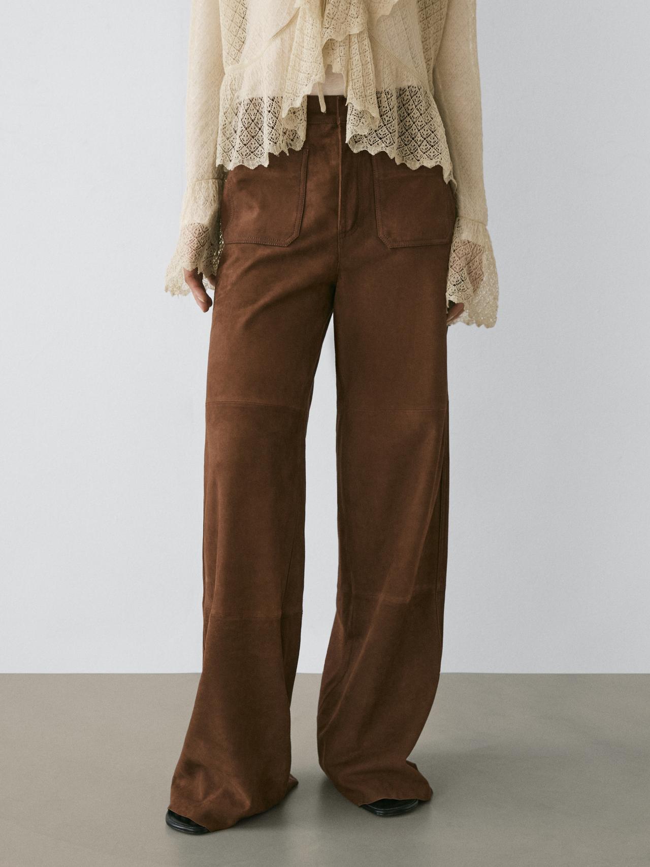 Suede leather wide-leg trousers with pockets — BROWN