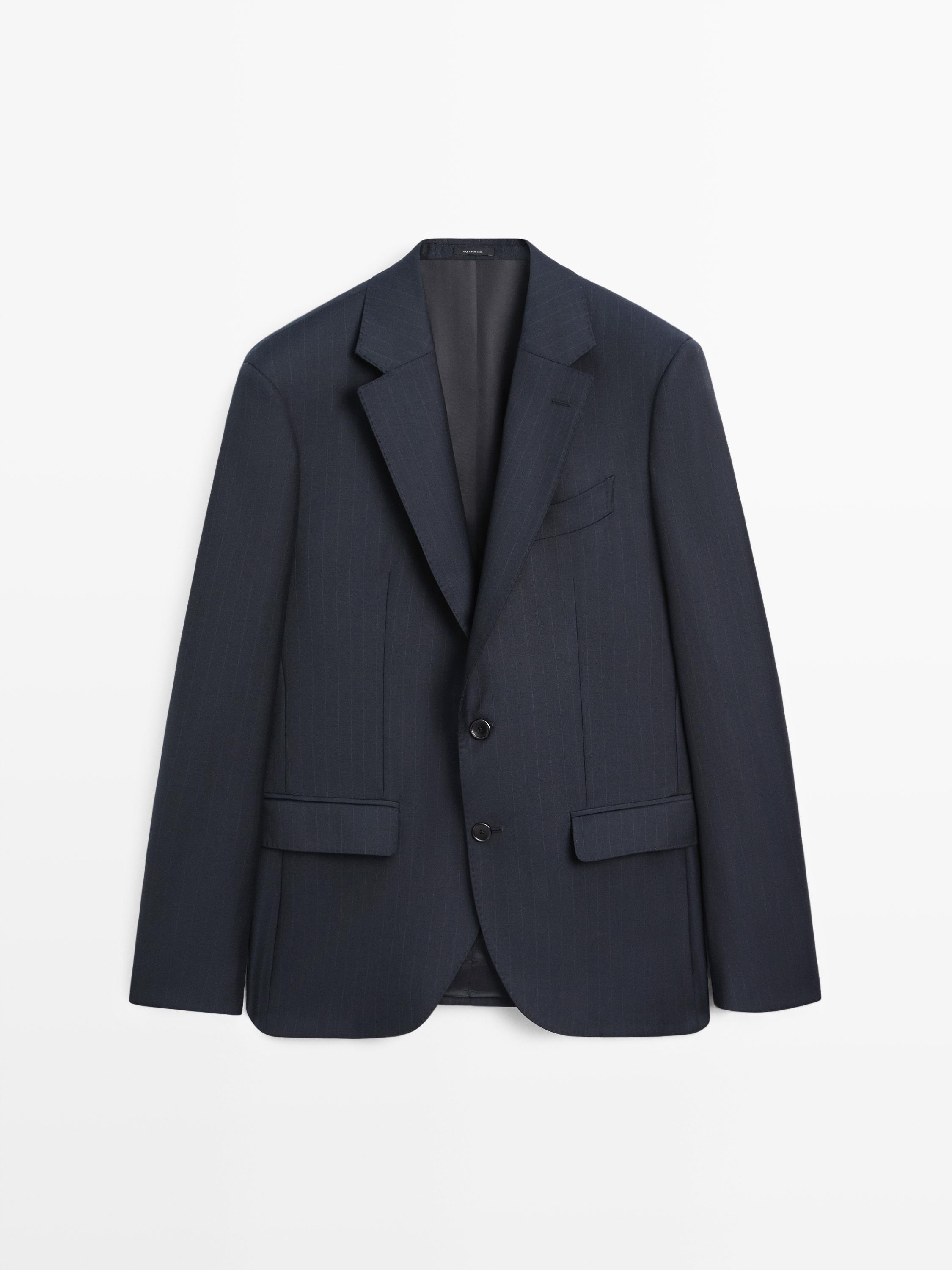100% cool wool striped suit blazer — NAVY BLUE