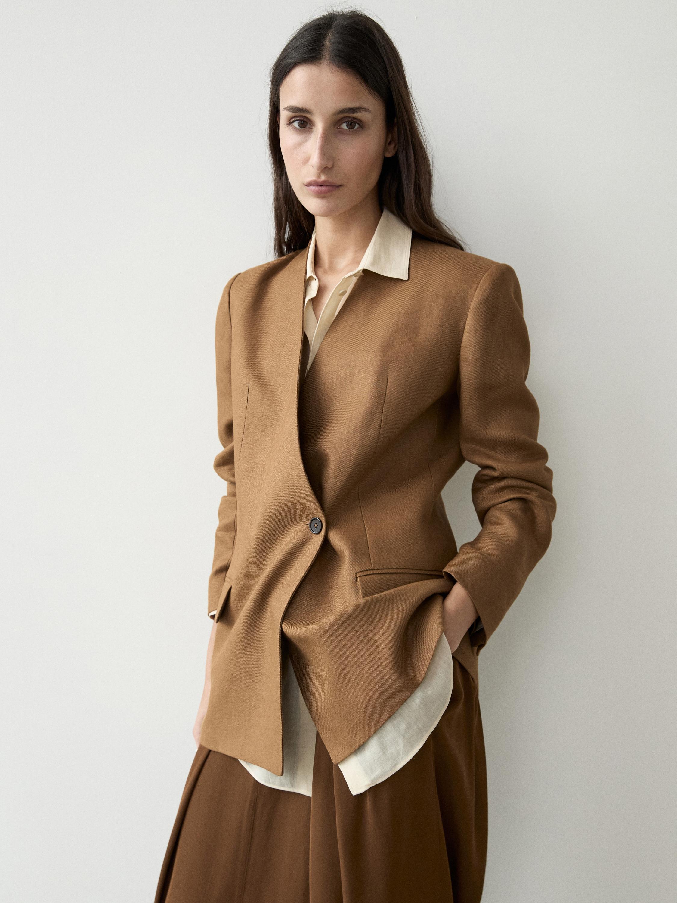 100% linen lapelless double-breasted blazer — CAMEL
