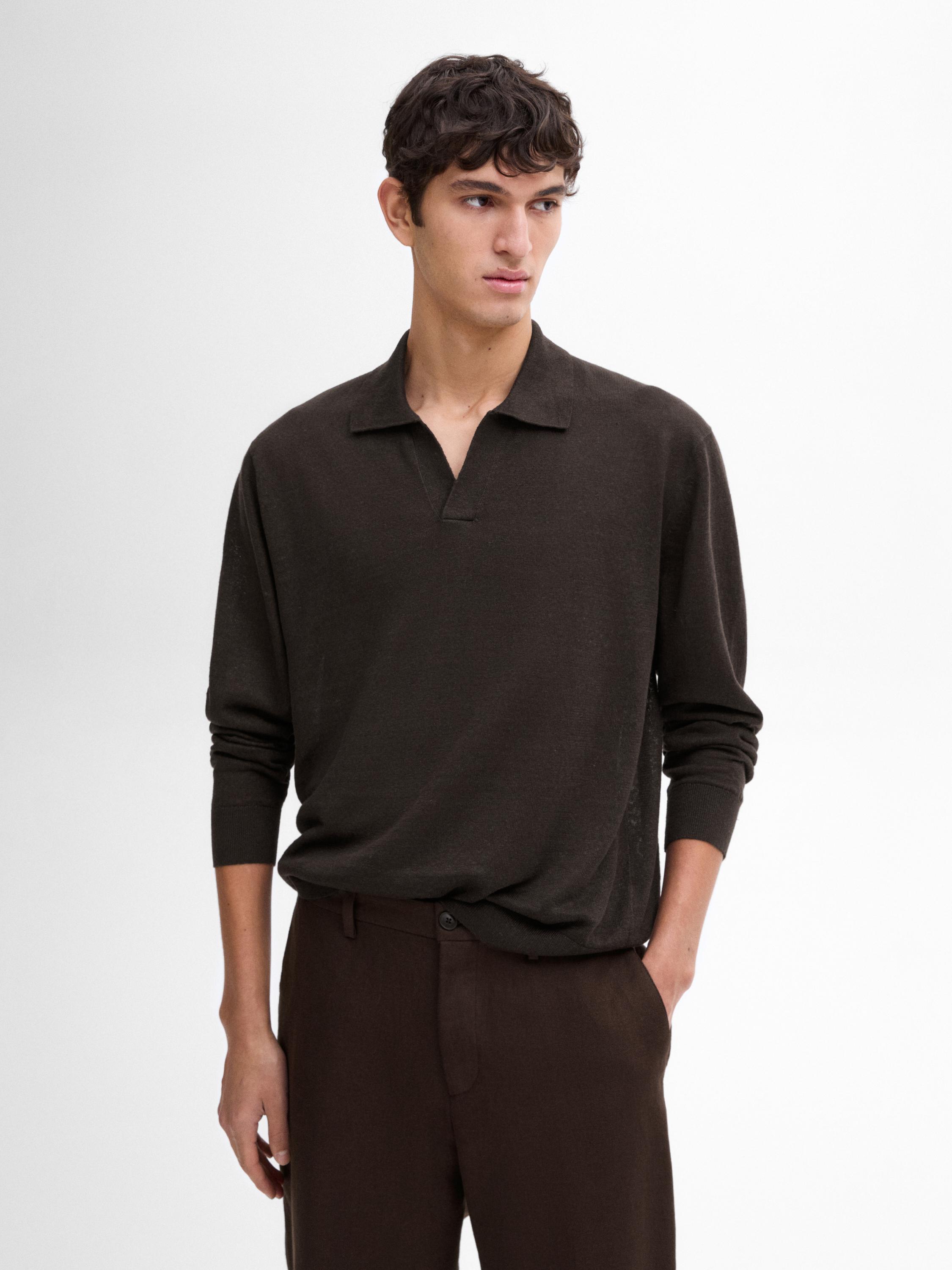 100% linen knit polo collar sweater