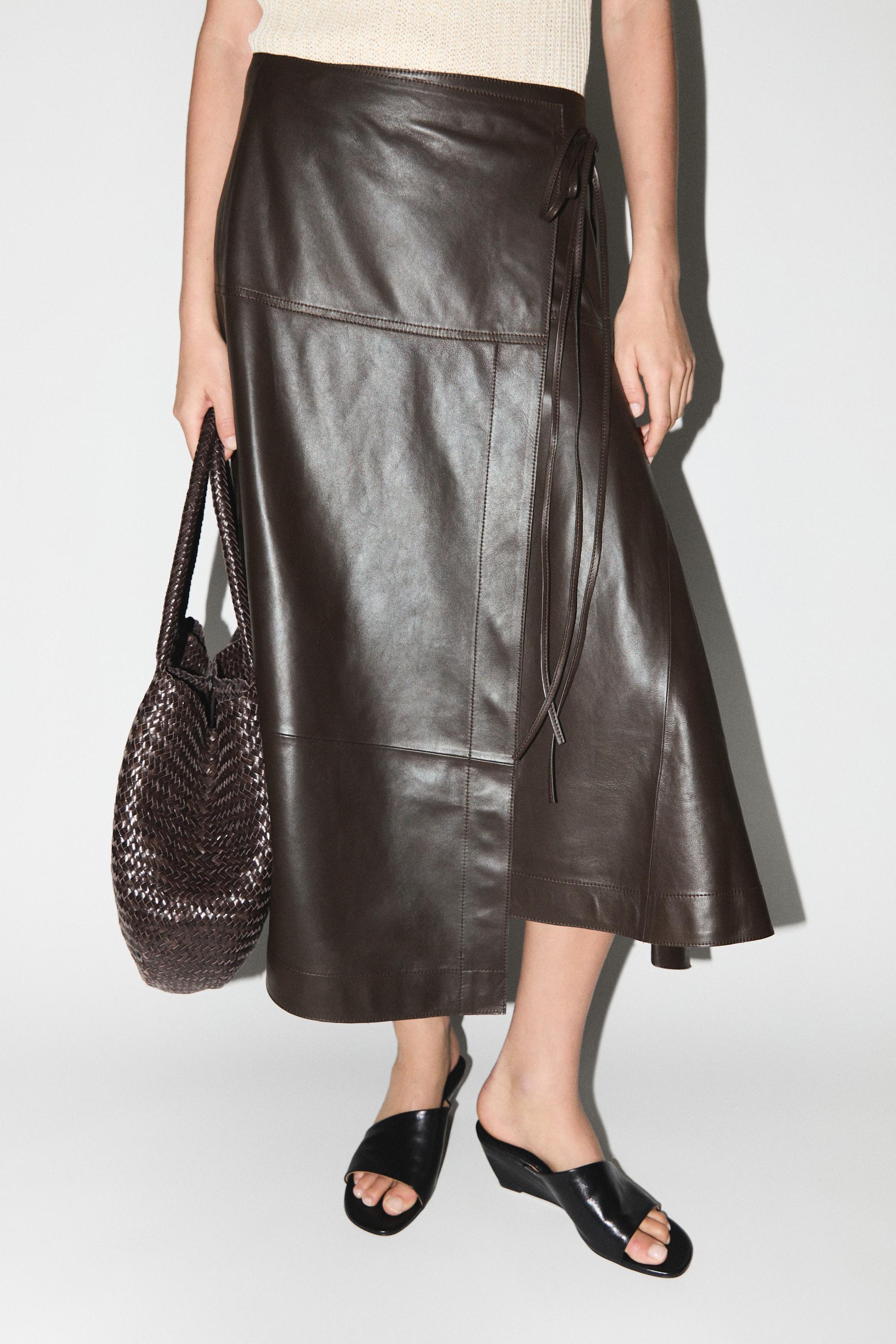 Nappa leather midi skirt with tie detail — BROWN