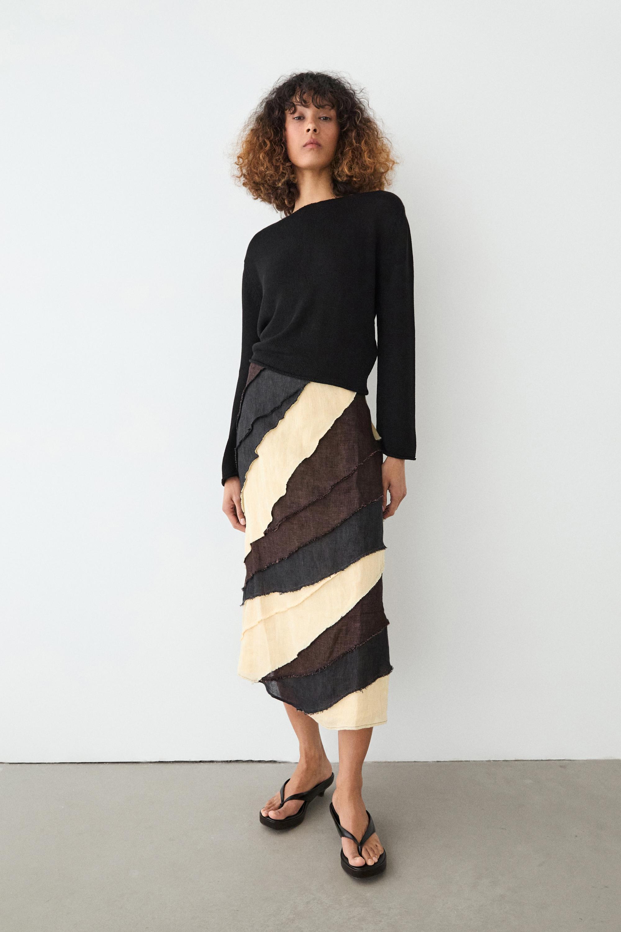 Layered contrast linen midi skirt — BROWN