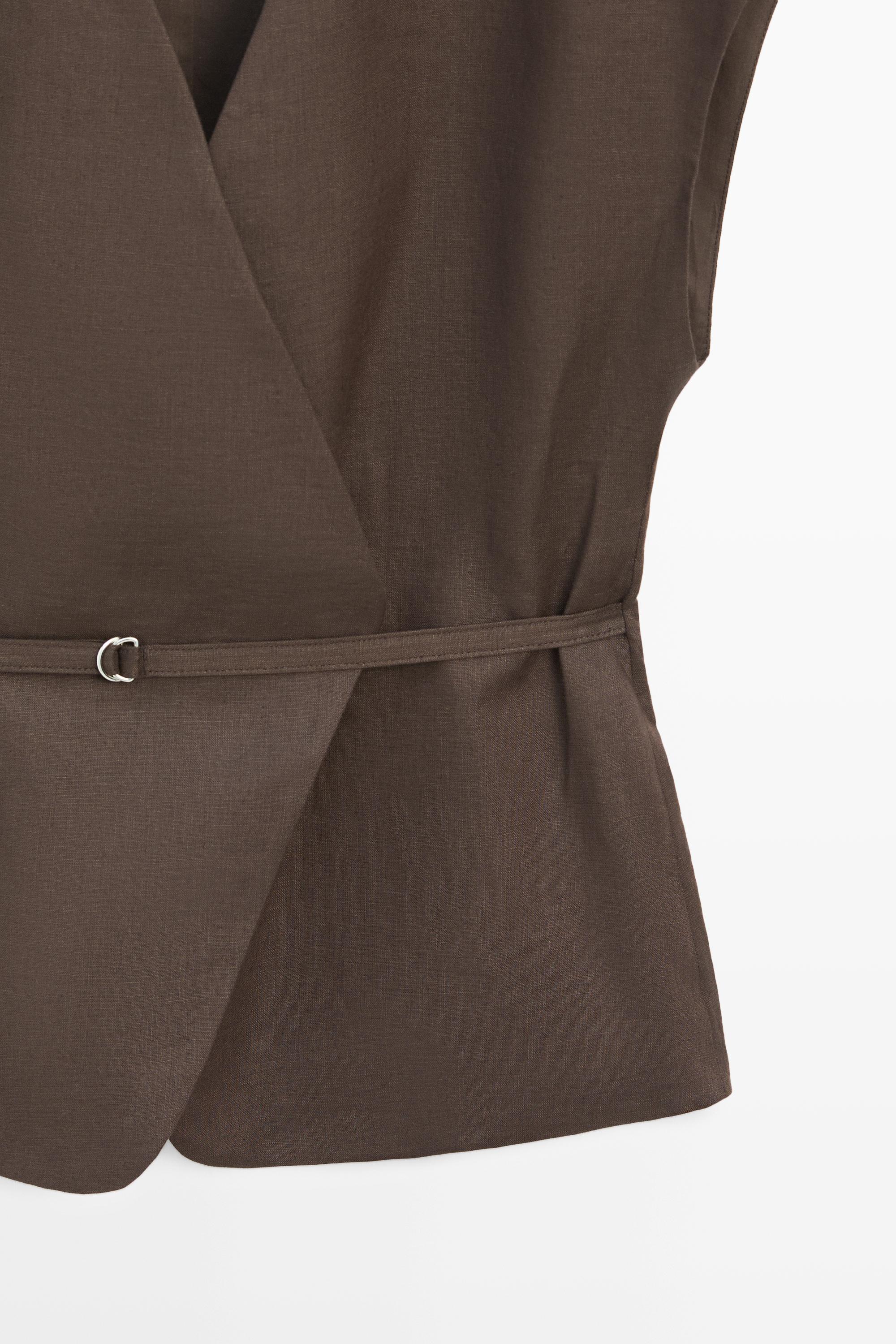 Linen blend waistcoat with wrap neckline — BROWN