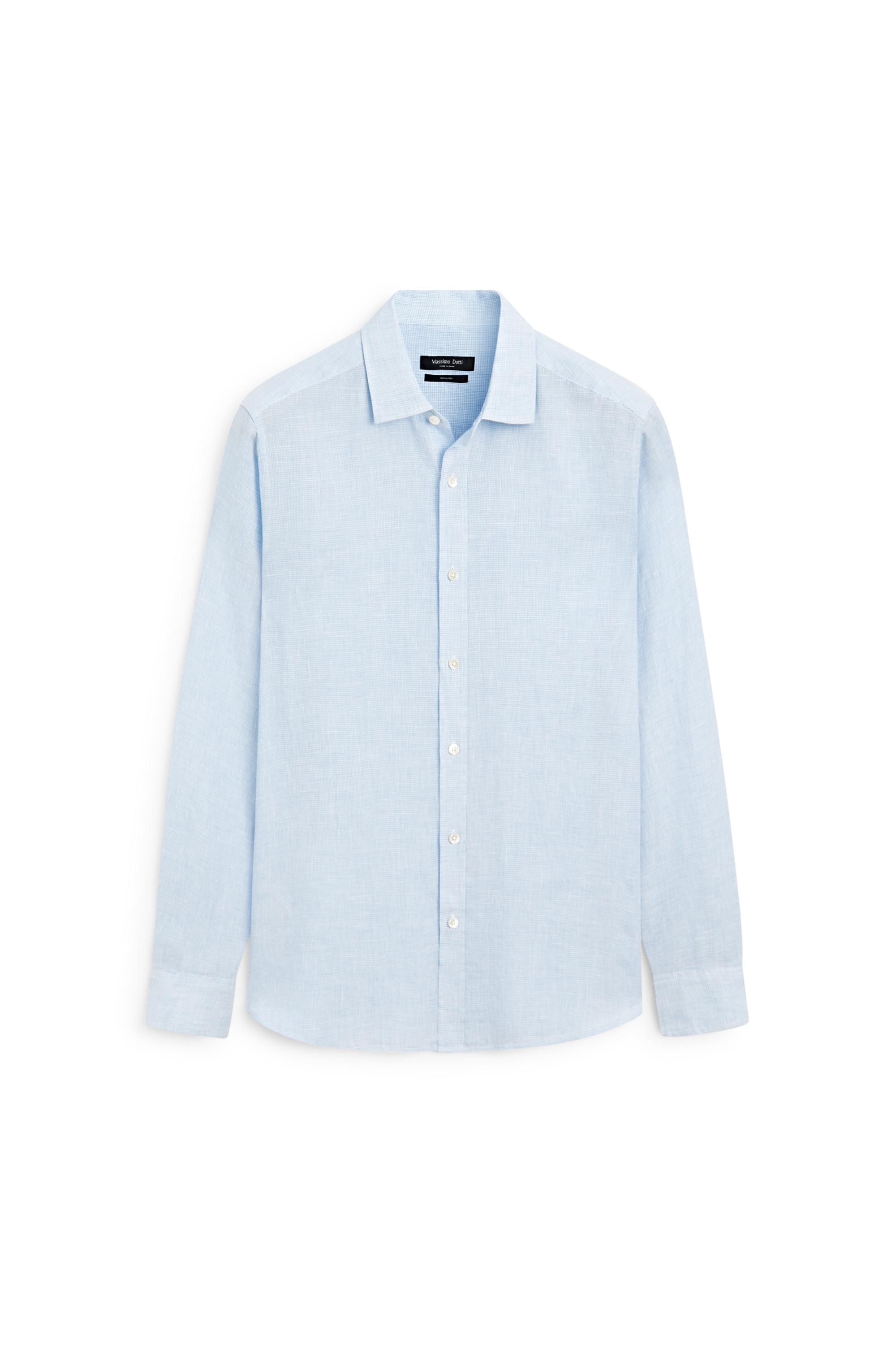 100% linen regular fit check shirt — Sky blue