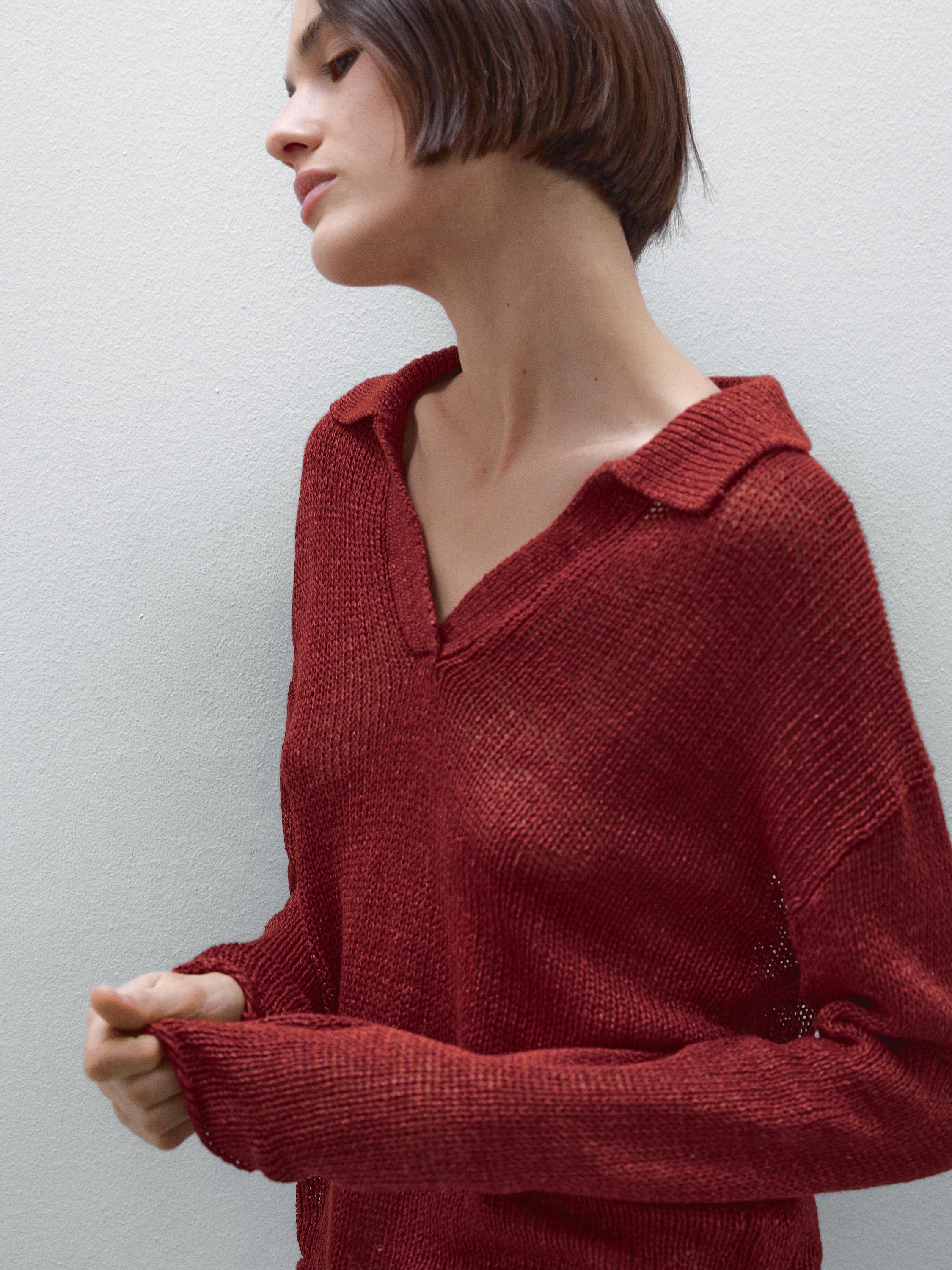 100% linen knit polo collar sweater