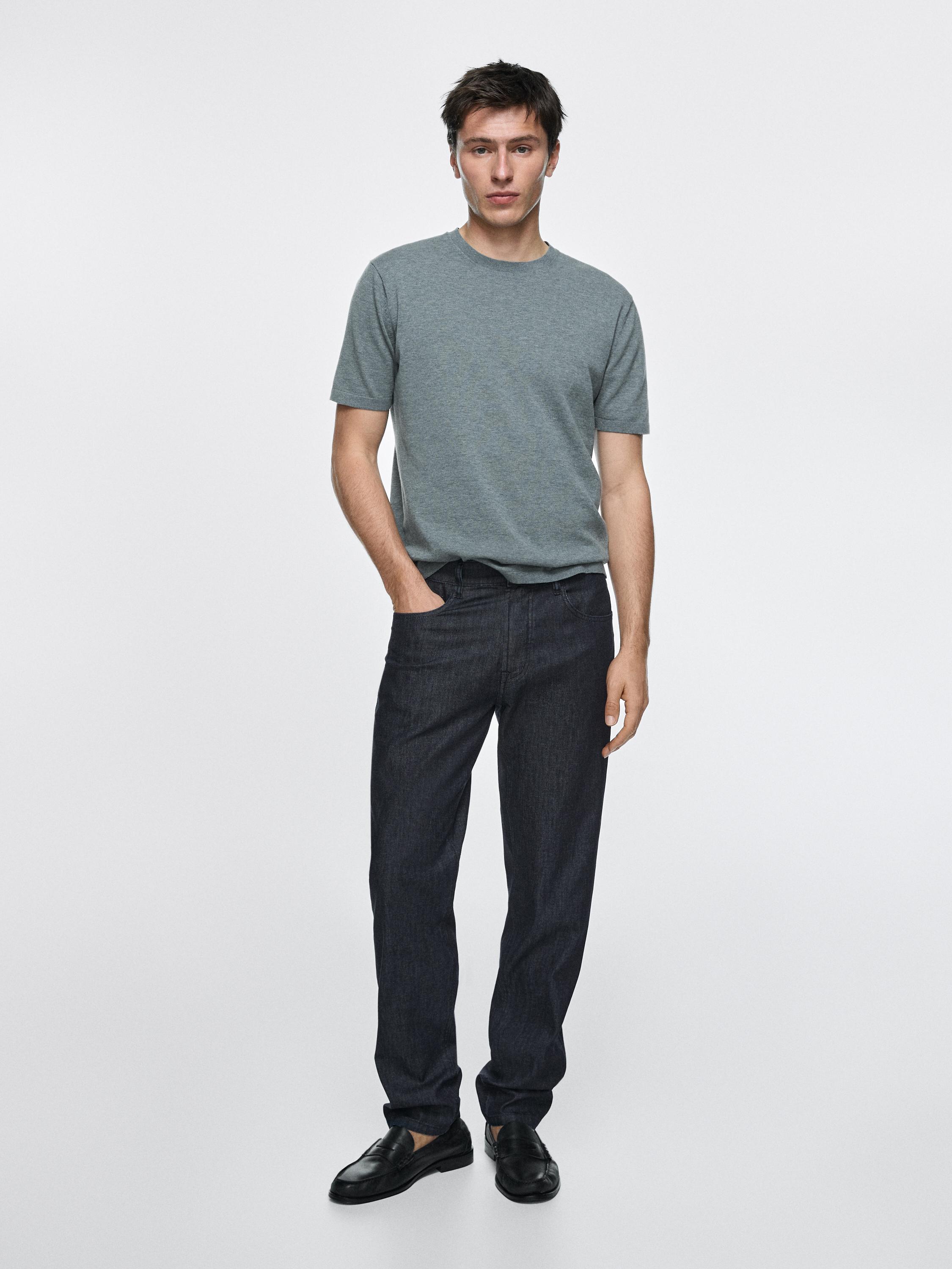 Lightweight tapered fit denim-effect trousers