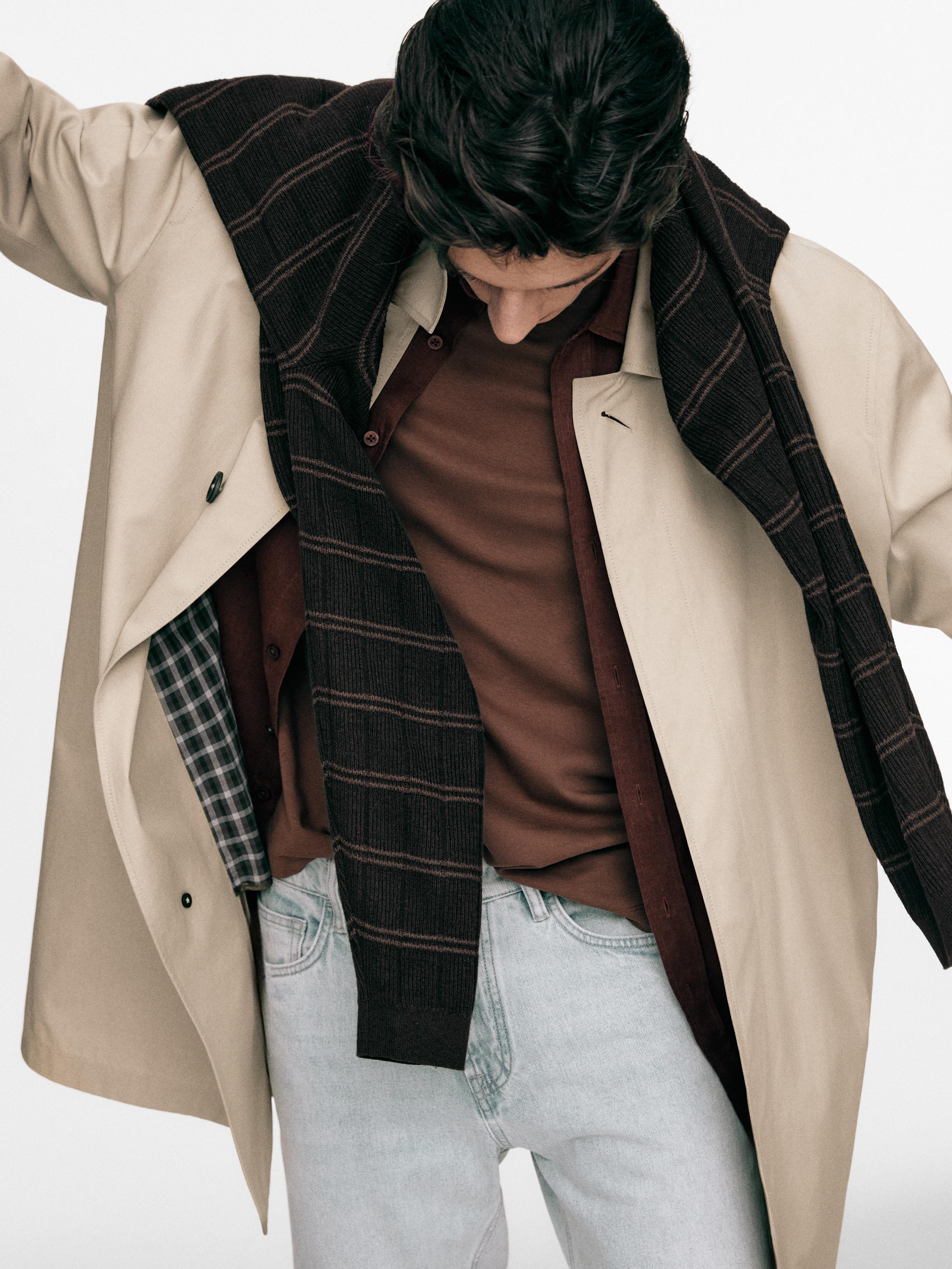 Check cotton trench coat with interior detail — BEIGE