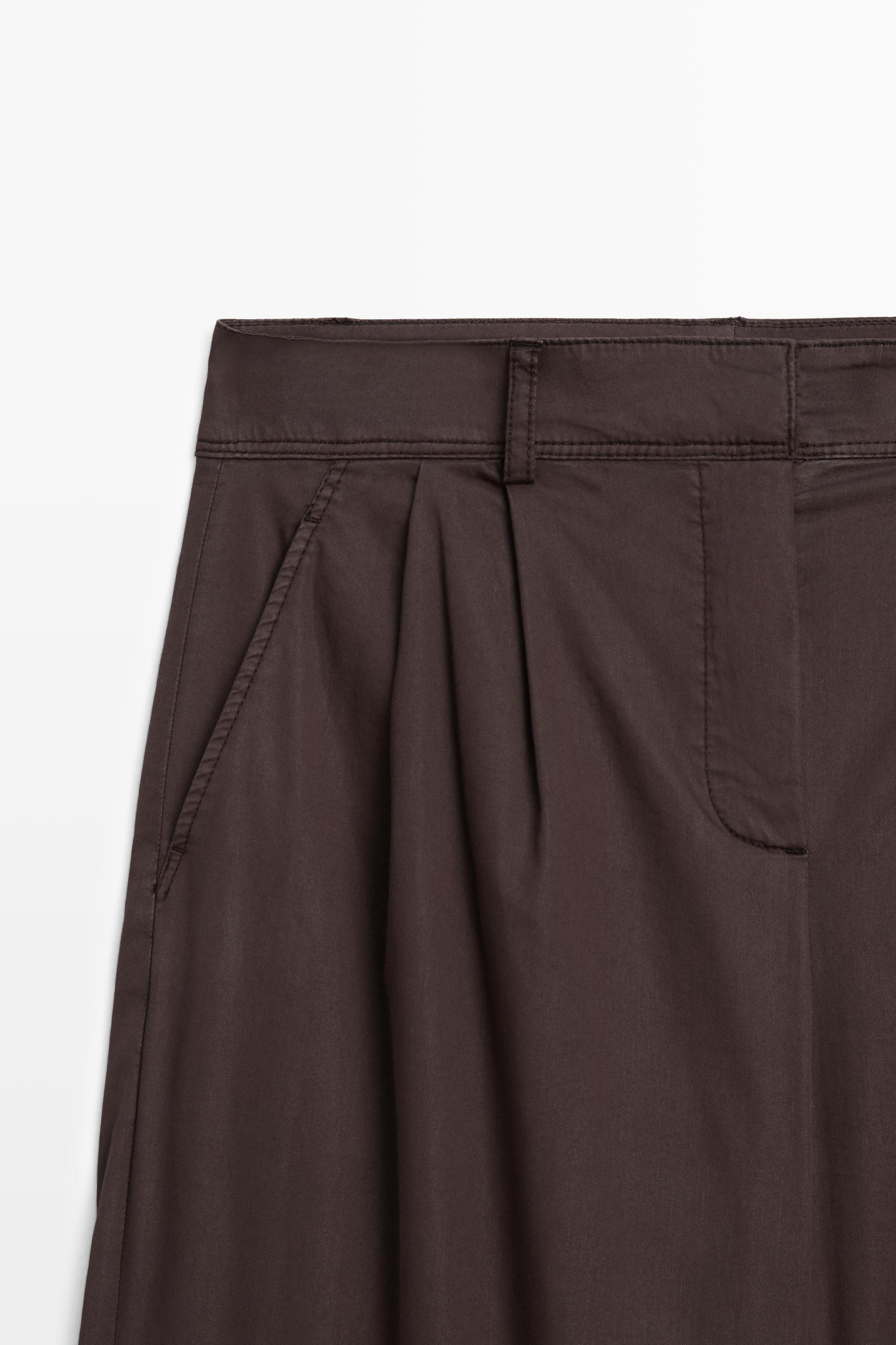 Cotton blend poplin pleated pants — Chocolate