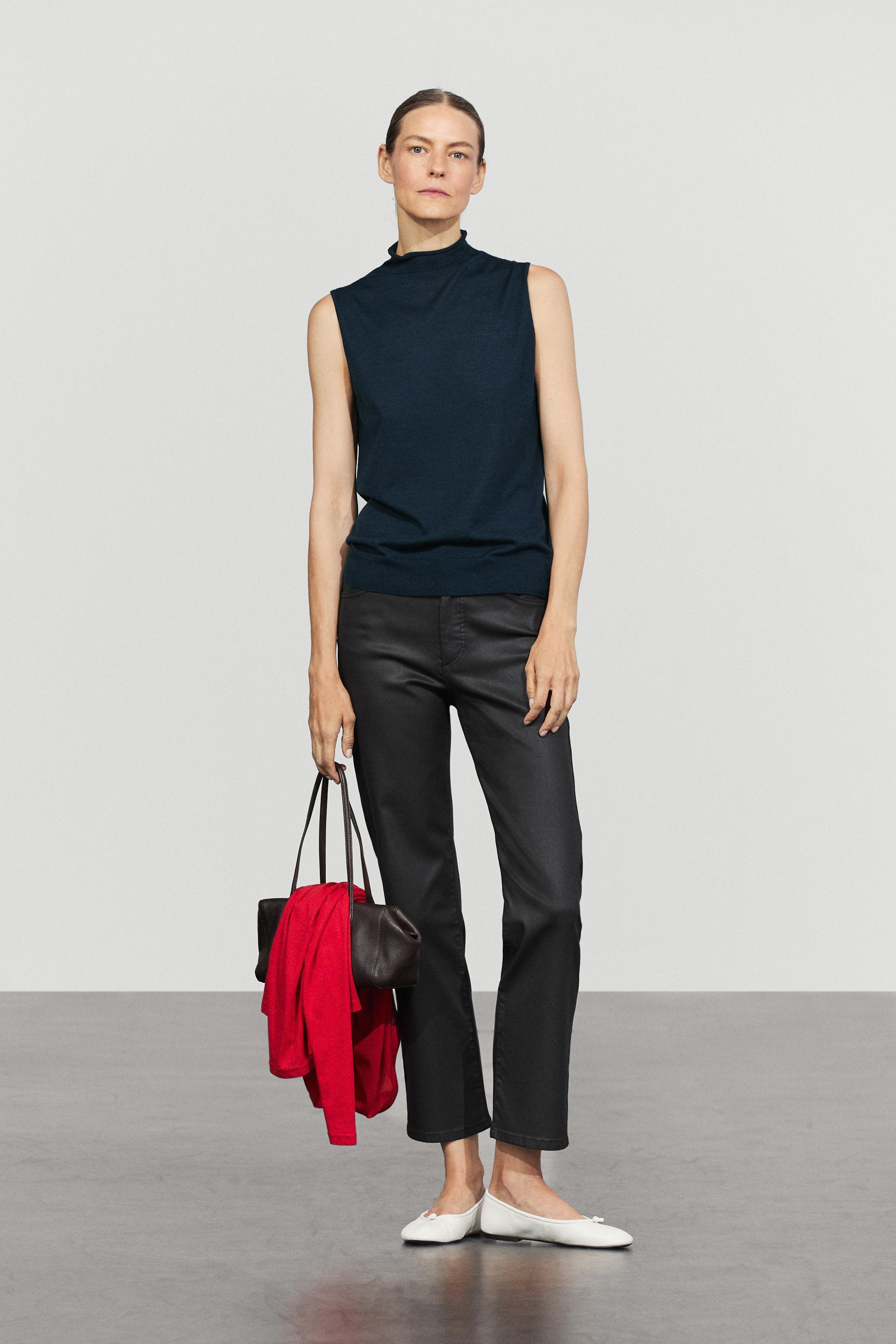 Waxed straight-leg pants — BLACK
